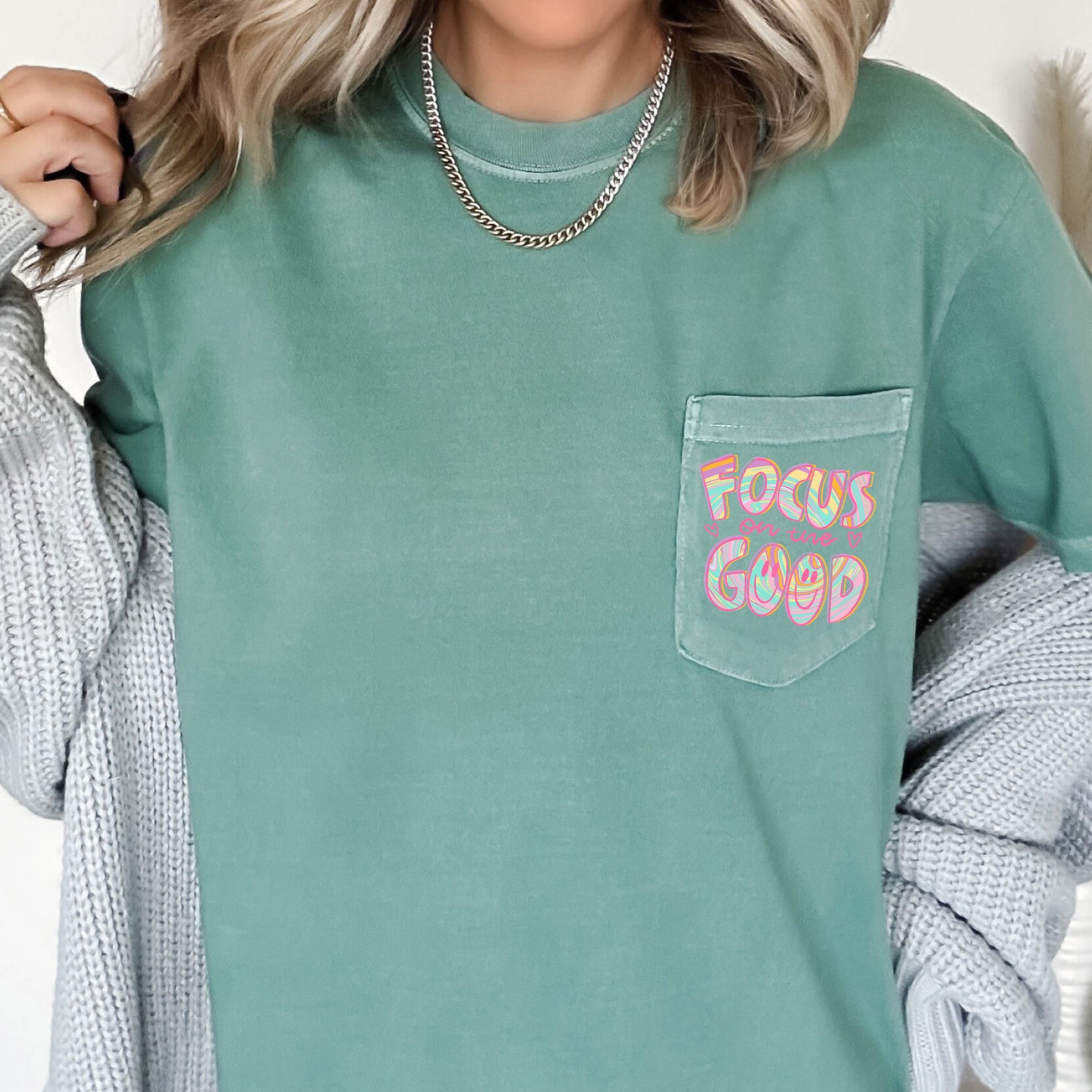 Focus On The Good Retro Pocket Positivity Mental Health Pocket Tee Comfort Colors Tee