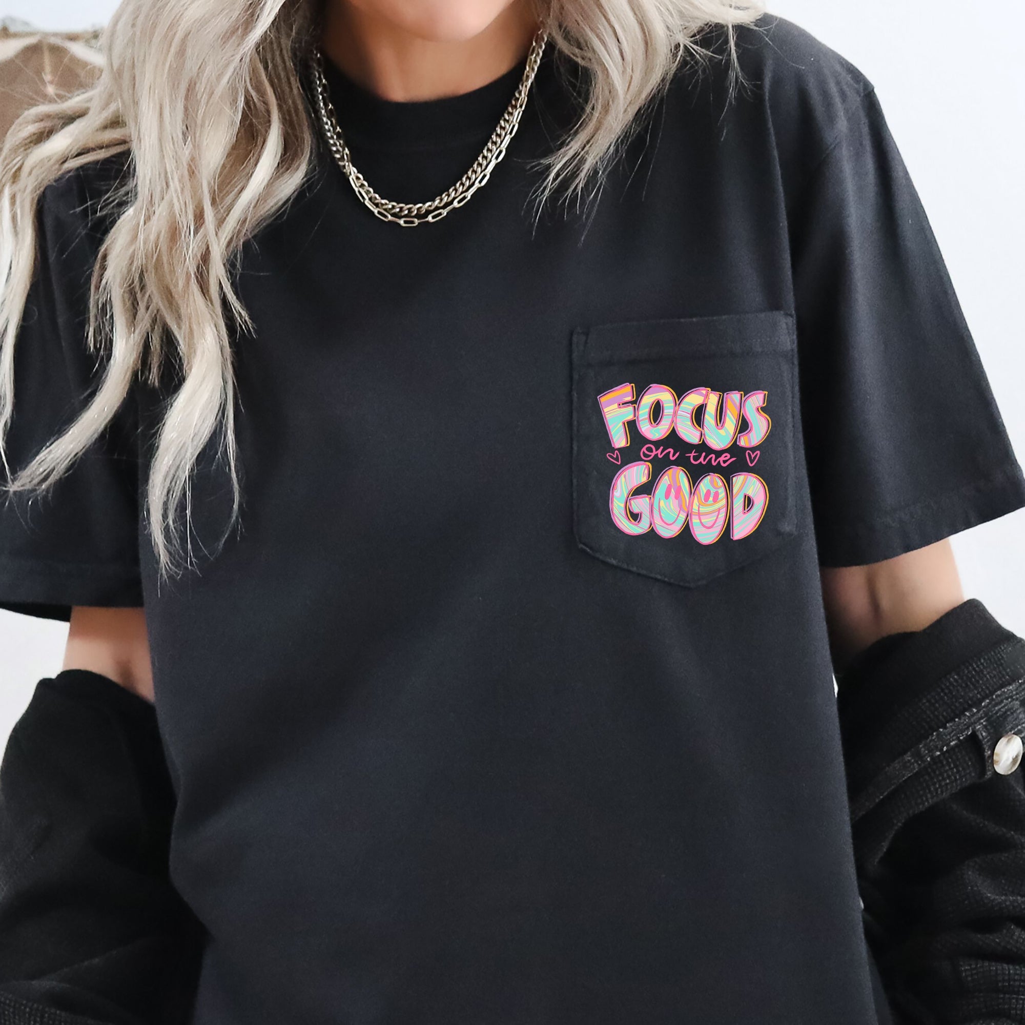 Focus On The Good Retro Pocket Positivity Mental Health Pocket Tee Comfort Colors Tee