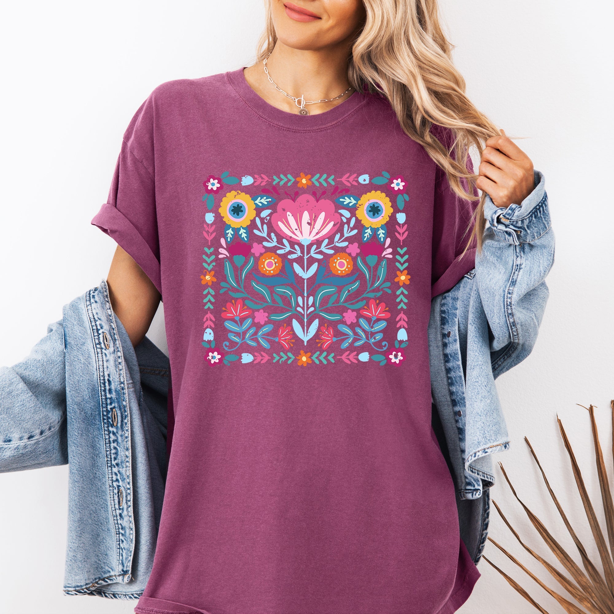 Folk Art Flowers Summer Floral Retro Vintage Botanical Inspired Comfort Colors Tee