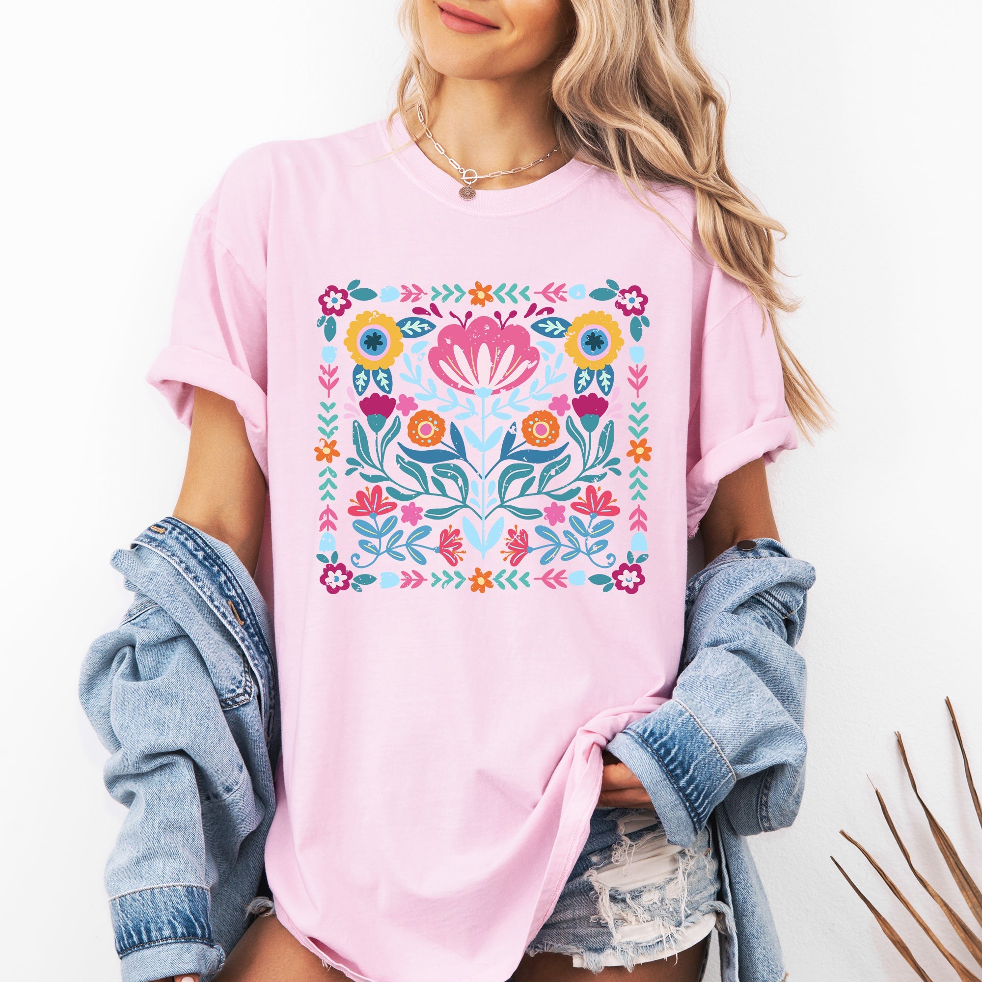 Folk Art Flowers Summer Floral Retro Vintage Botanical Inspired Comfort Colors Tee