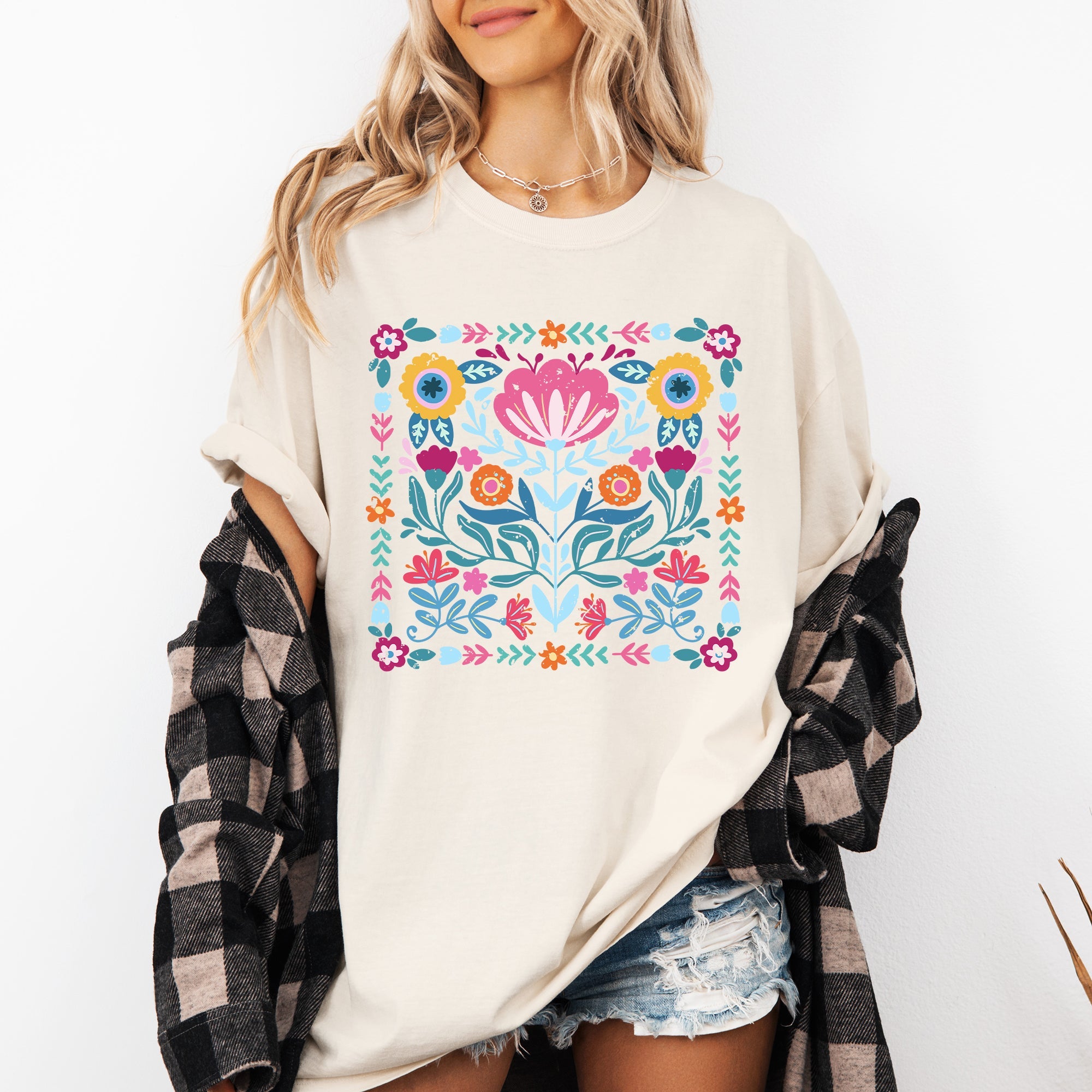Folk Art Flowers Summer Floral Retro Vintage Botanical Inspired Comfort Colors Tee