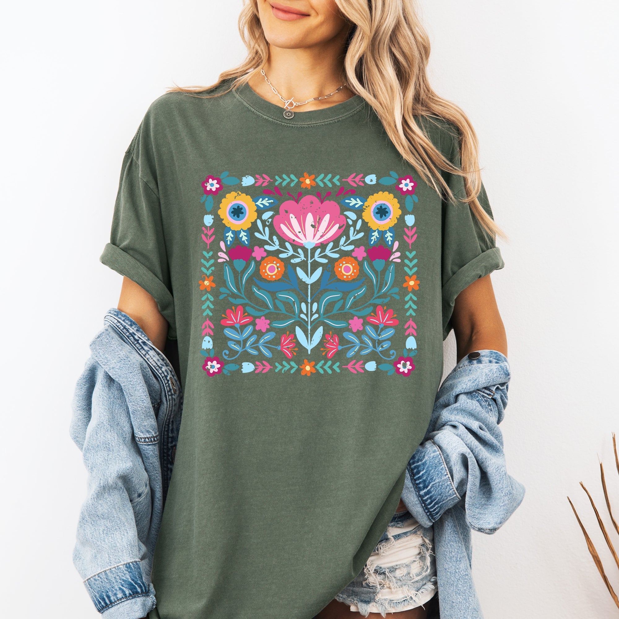 Folk Art Flowers Summer Floral Retro Vintage Botanical Inspired Comfort Colors Tee