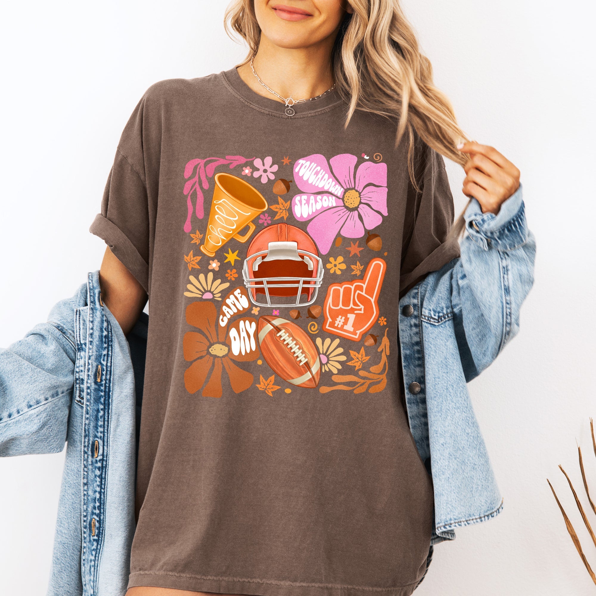 Football Floral Girly Sports Game Day Tailgate Touchdown Big Game Theme Comfort Colors Tee