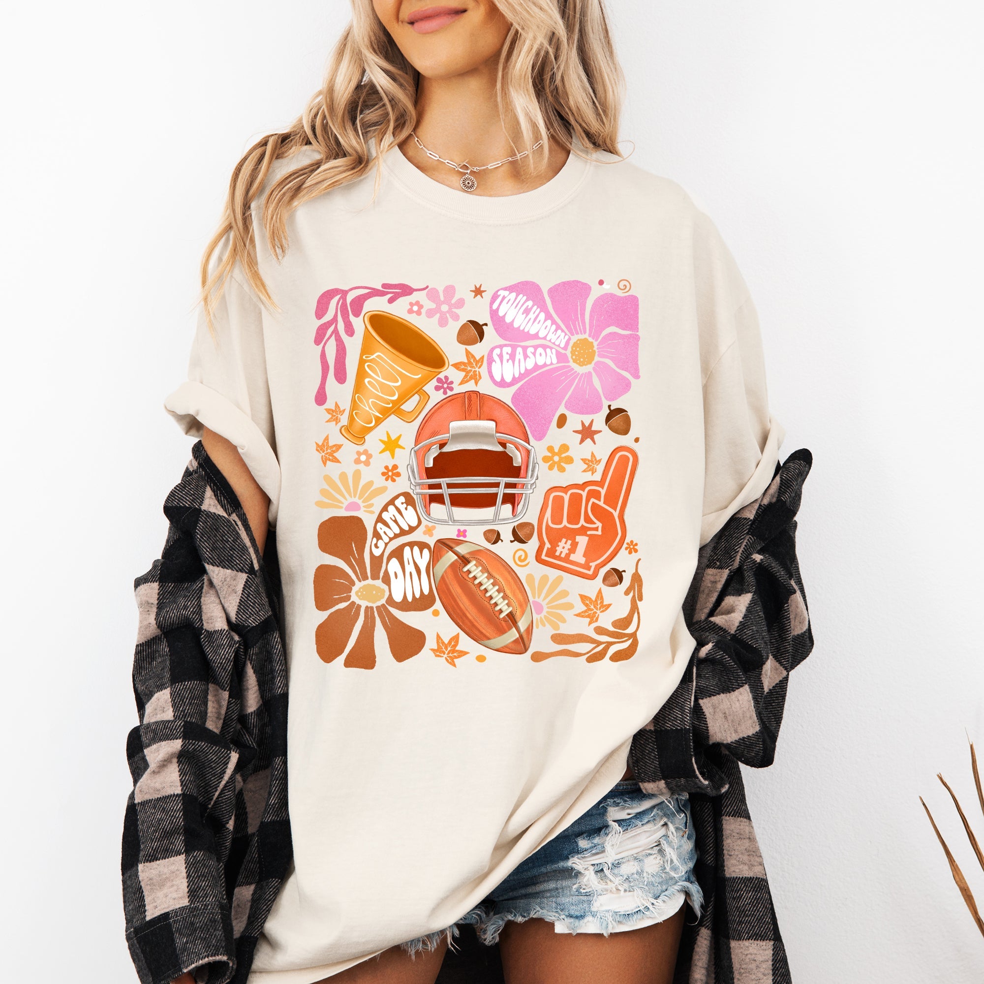 Football Floral Girly Sports Game Day Tailgate Touchdown Big Game Theme Comfort Colors Tee