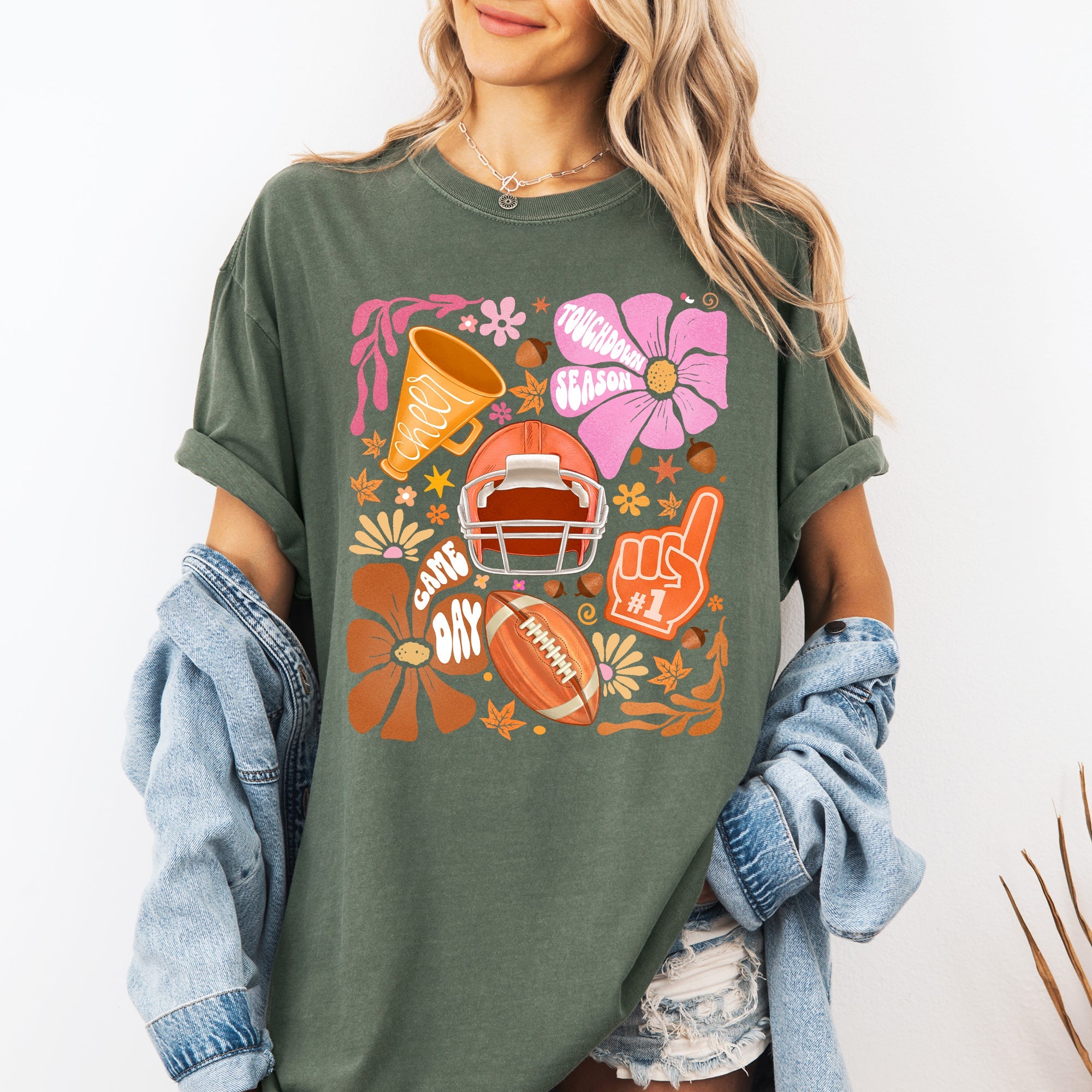 Football Floral Girly Sports Game Day Tailgate Touchdown Big Game Theme Comfort Colors Tee