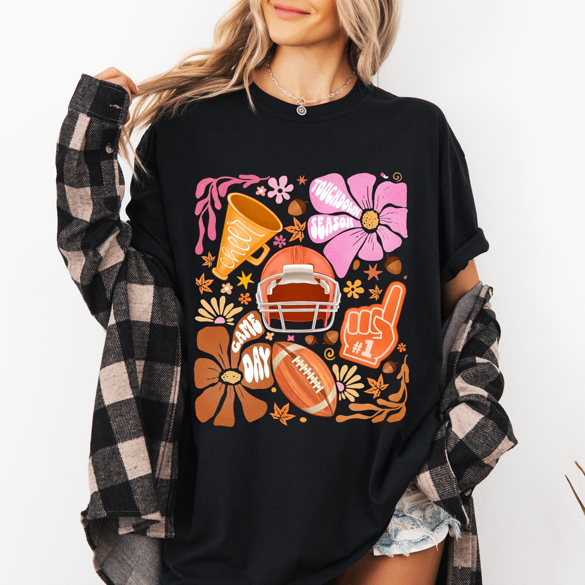 Football Floral Girly Sports Game Day Tailgate Touchdown Big Game Theme Comfort Colors Tee