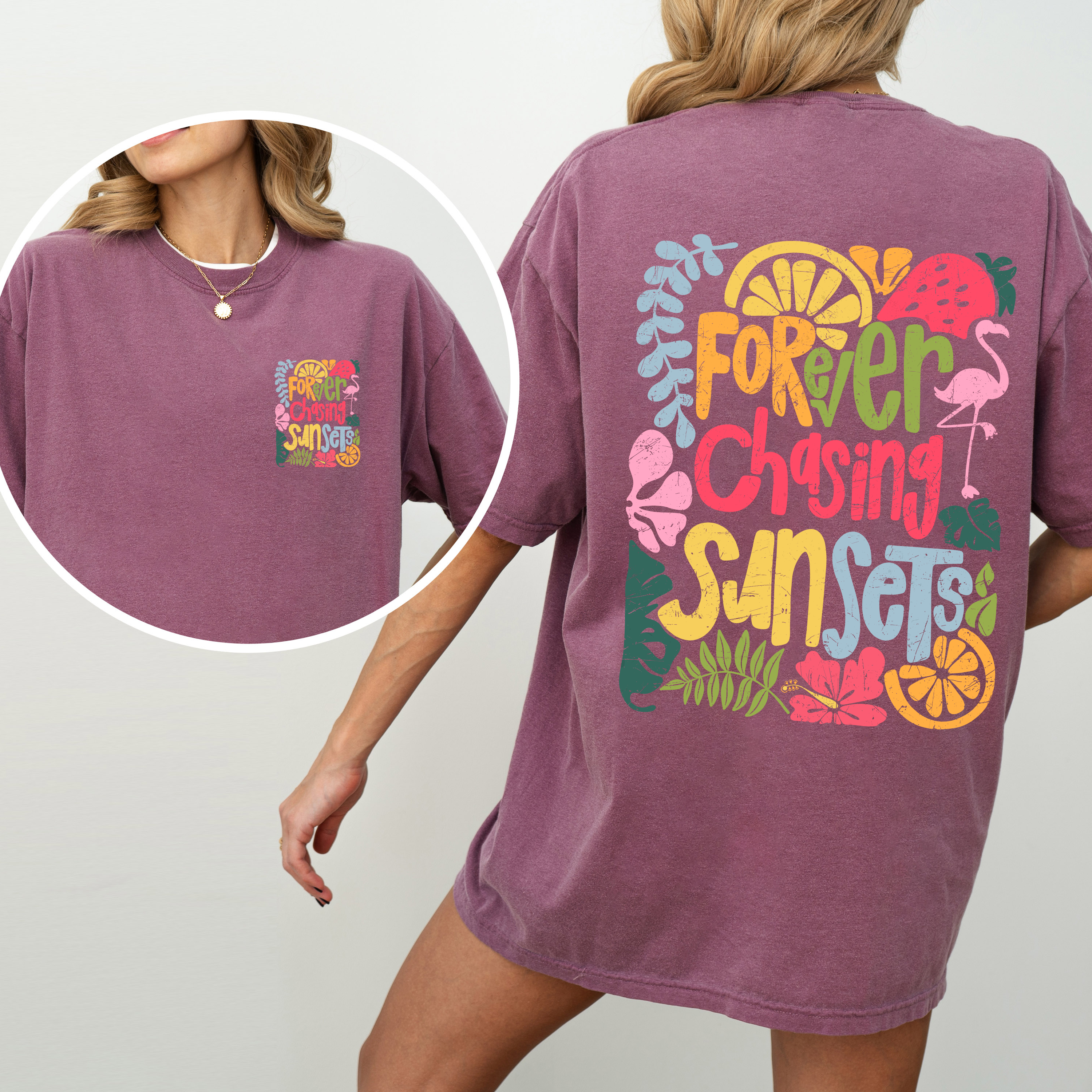 Forever Chasing Sunsets Flamingo Beach Summer Vibes Coastal Calm Ocean Breeze Comfort Colors Tee