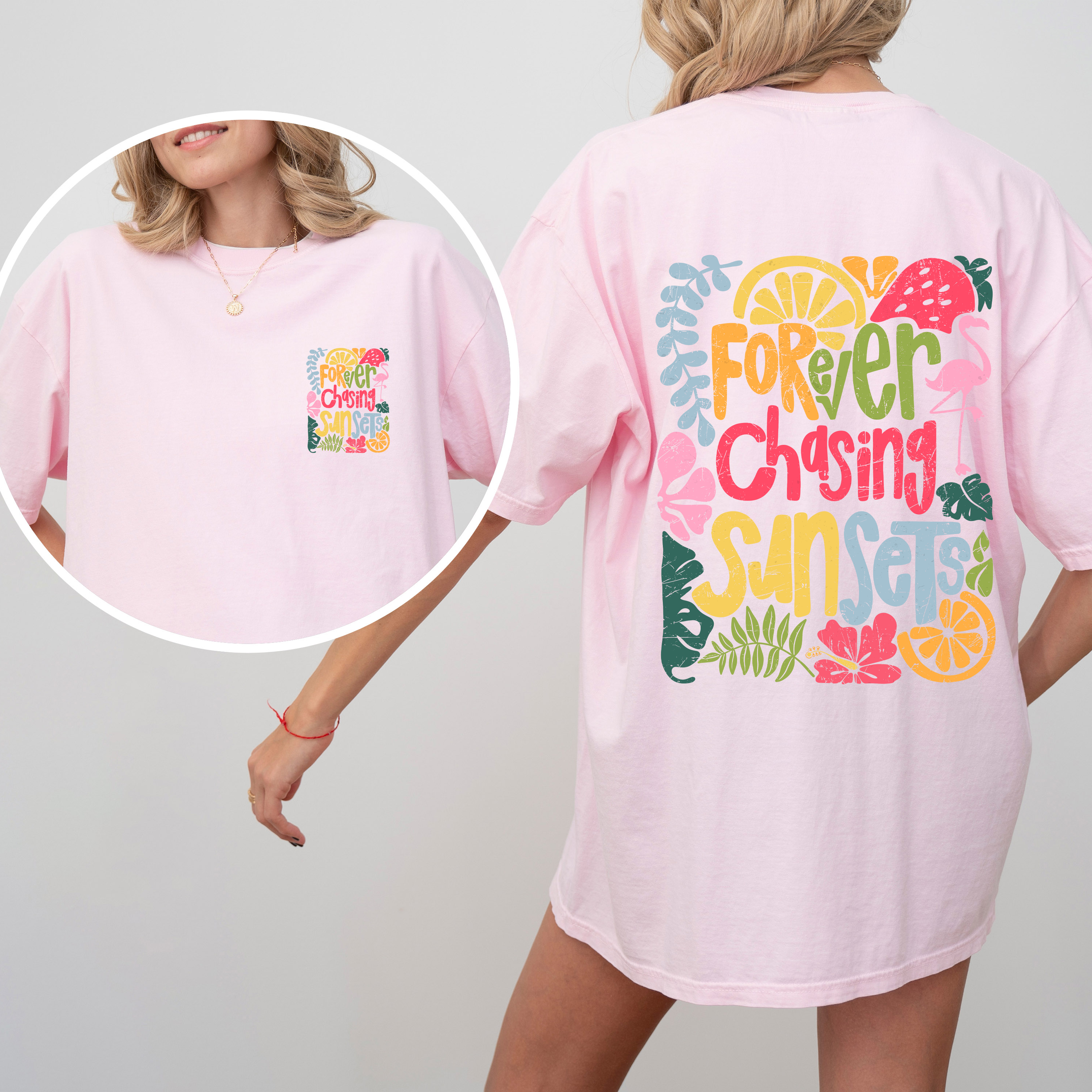 Forever Chasing Sunsets Flamingo Beach Summer Vibes Coastal Calm Ocean Breeze Comfort Colors Tee