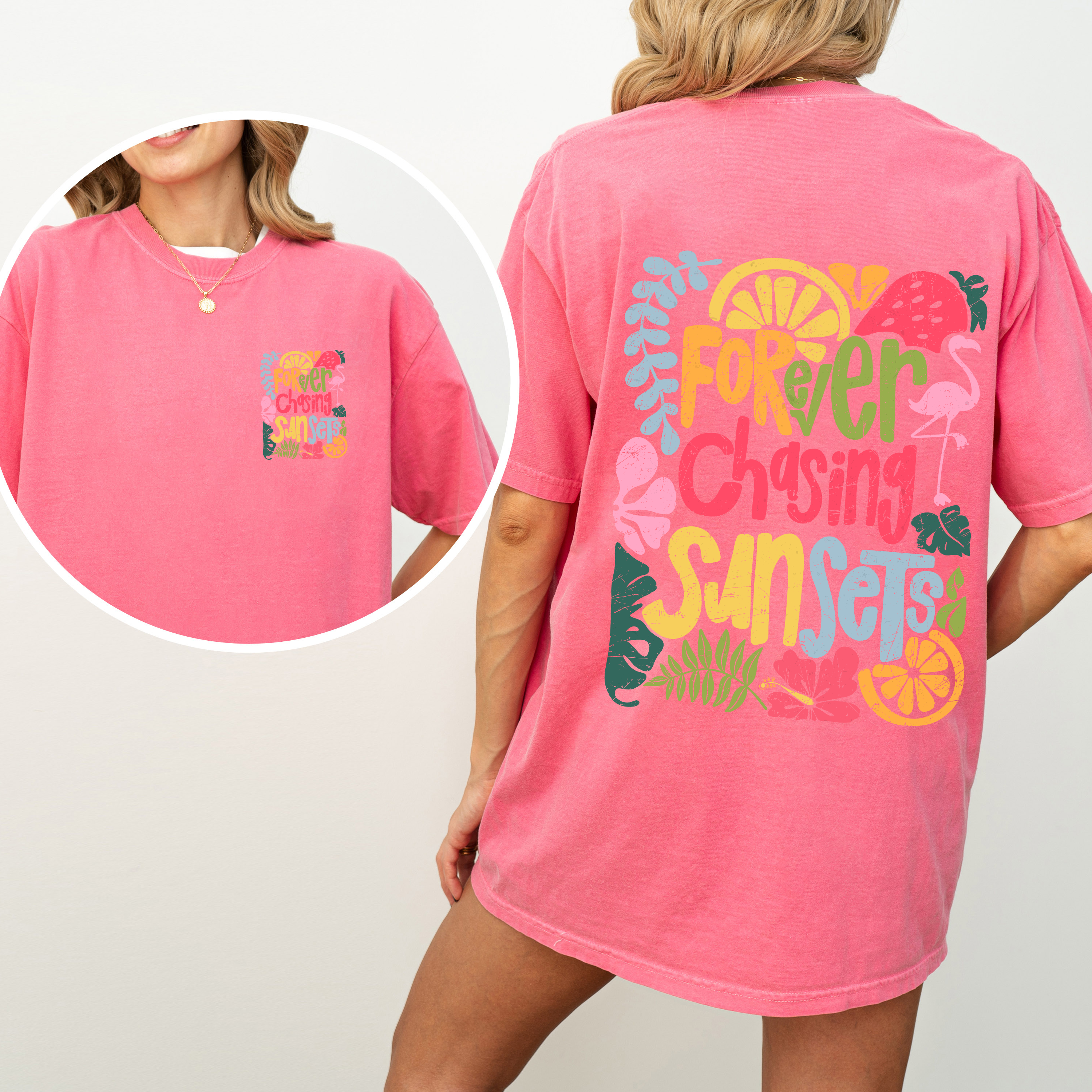 Forever Chasing Sunsets Flamingo Beach Summer Vibes Coastal Calm Ocean Breeze Comfort Colors Tee