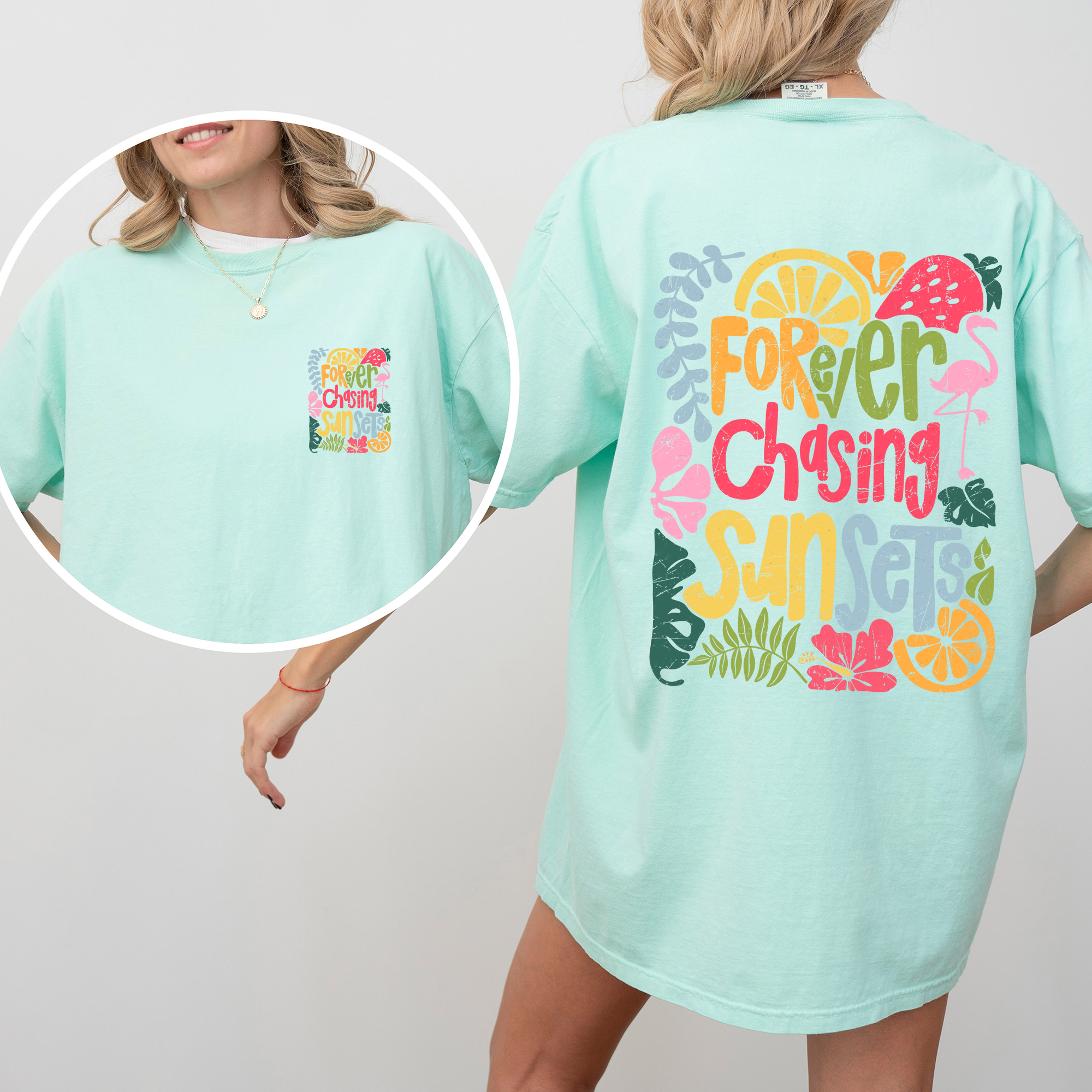 Forever Chasing Sunsets Flamingo Beach Summer Vibes Coastal Calm Ocean Breeze Comfort Colors Tee