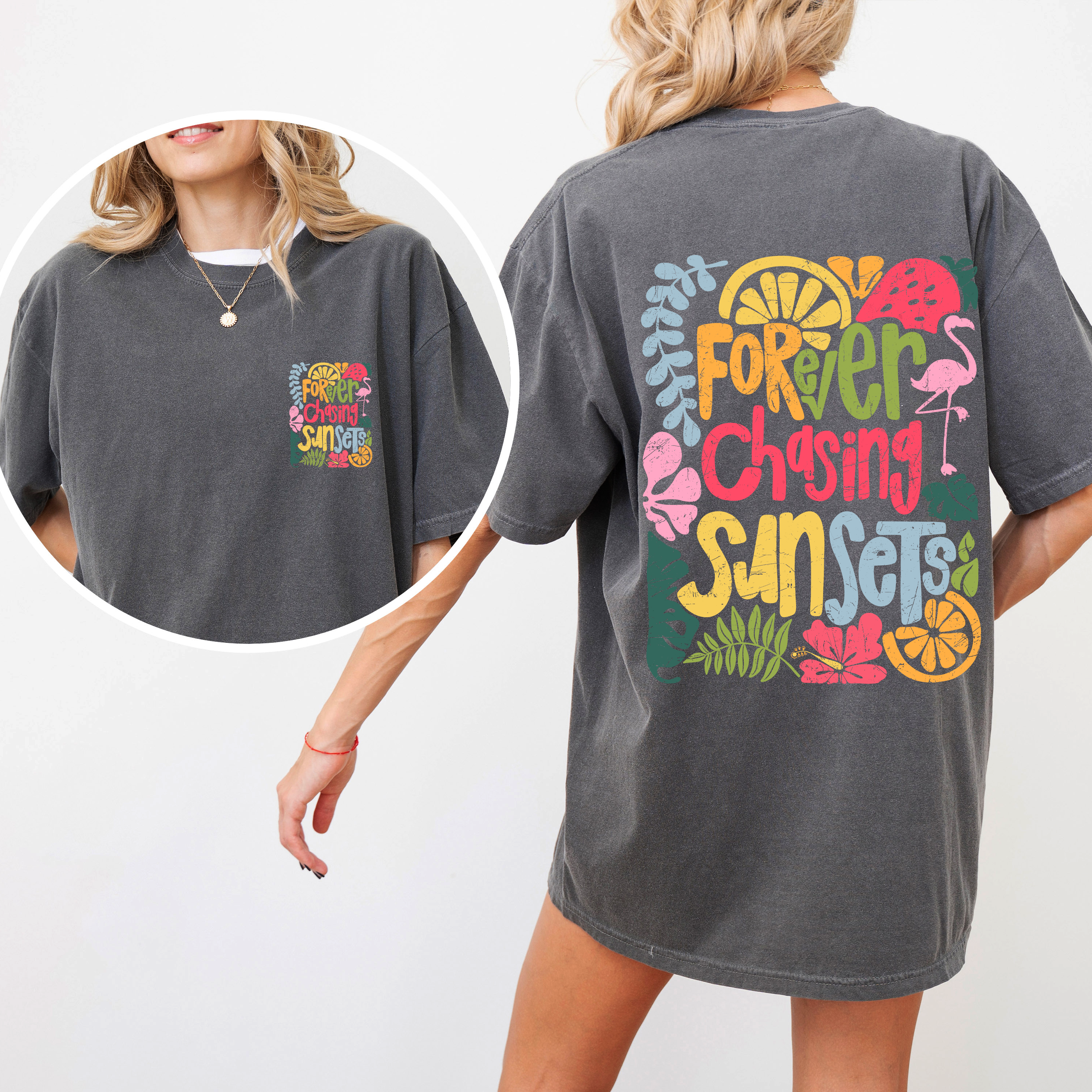 Forever Chasing Sunsets Flamingo Beach Summer Vibes Coastal Calm Ocean Breeze Comfort Colors Tee