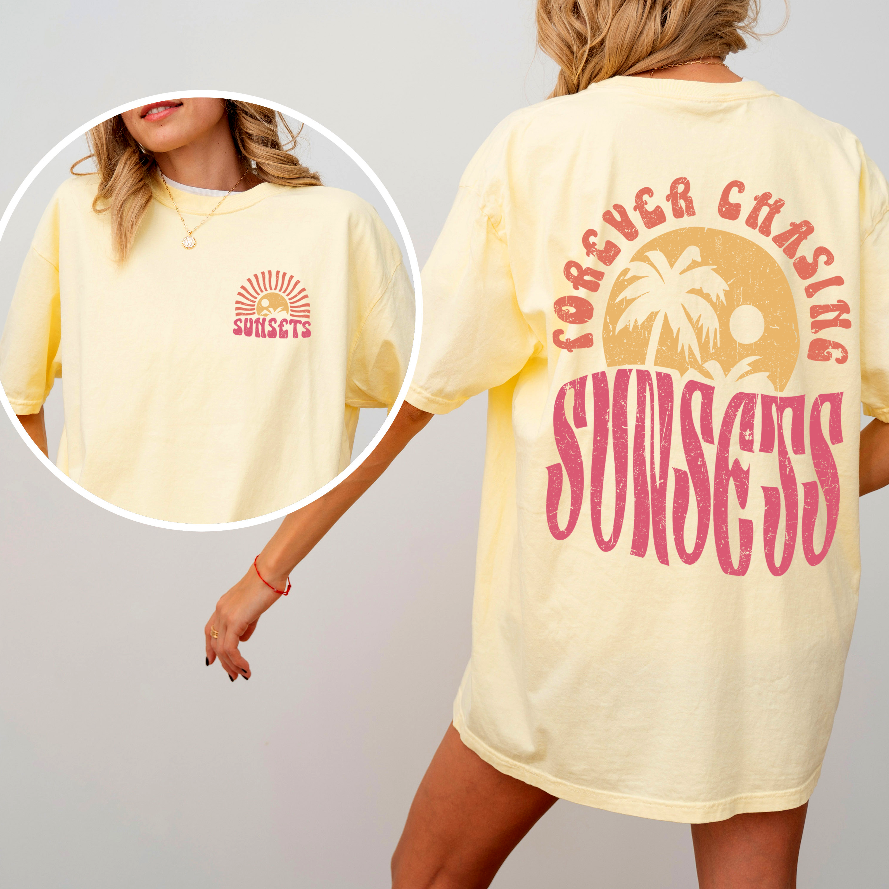 Forever Chasing Sunsets Palm Trees Beach Summer Coastal Living Comfort Colors Tee