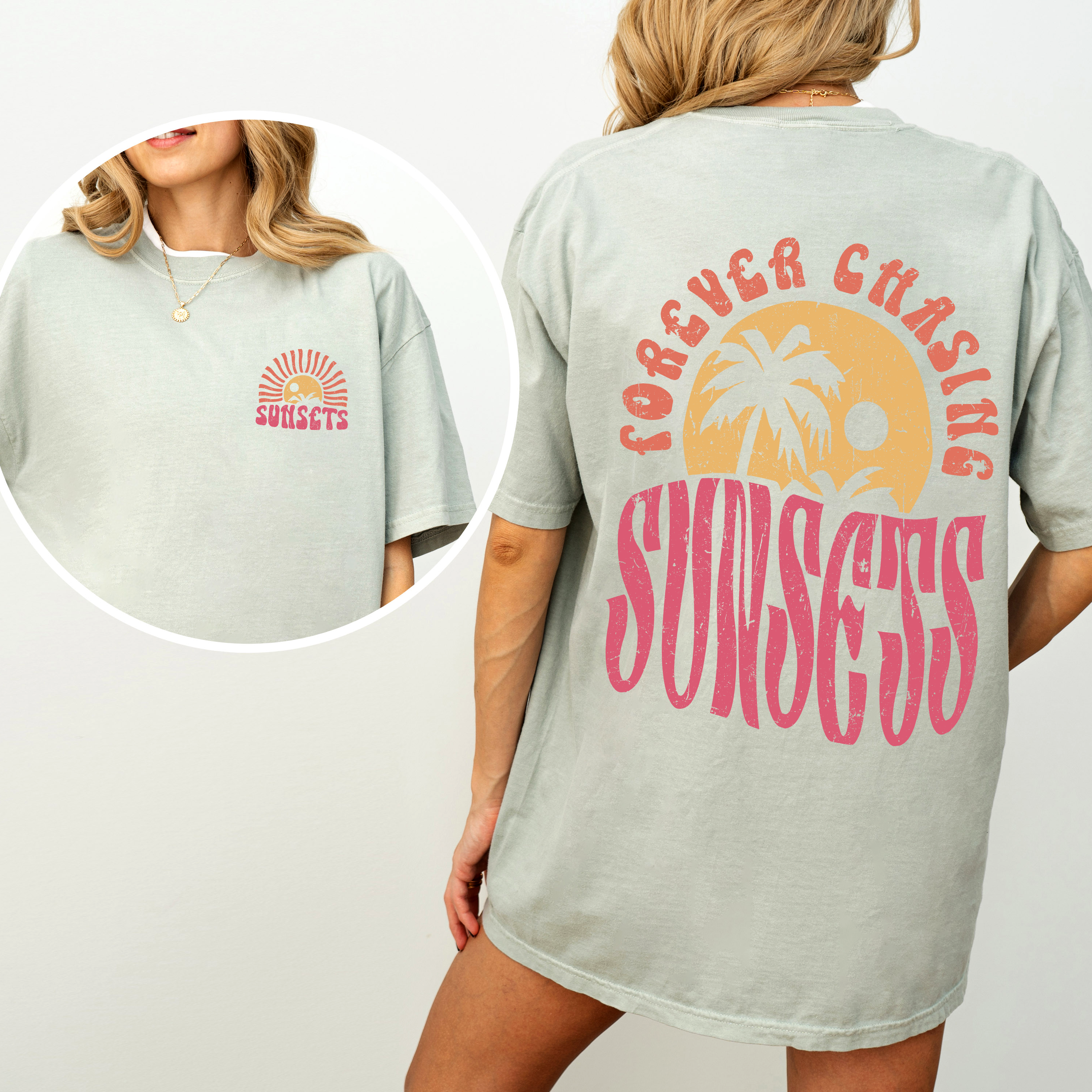 Forever Chasing Sunsets Palm Trees Beach Summer Coastal Living Comfort Colors Tee