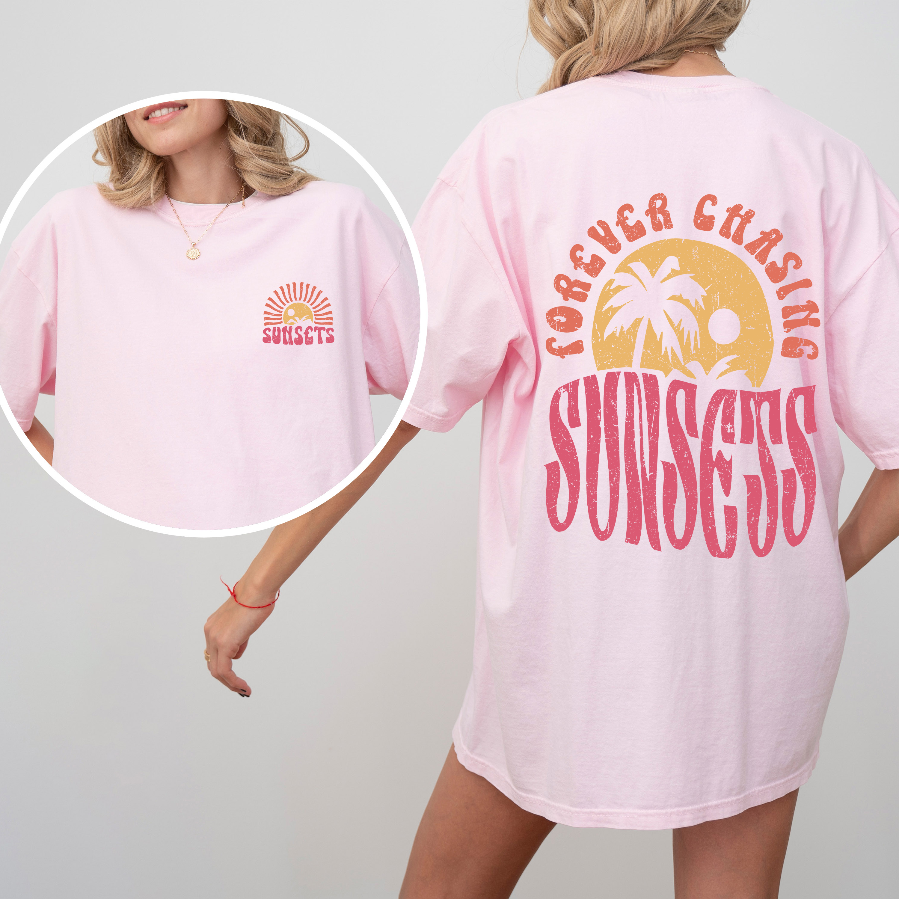 Forever Chasing Sunsets Palm Trees Beach Summer Coastal Living Comfort Colors Tee