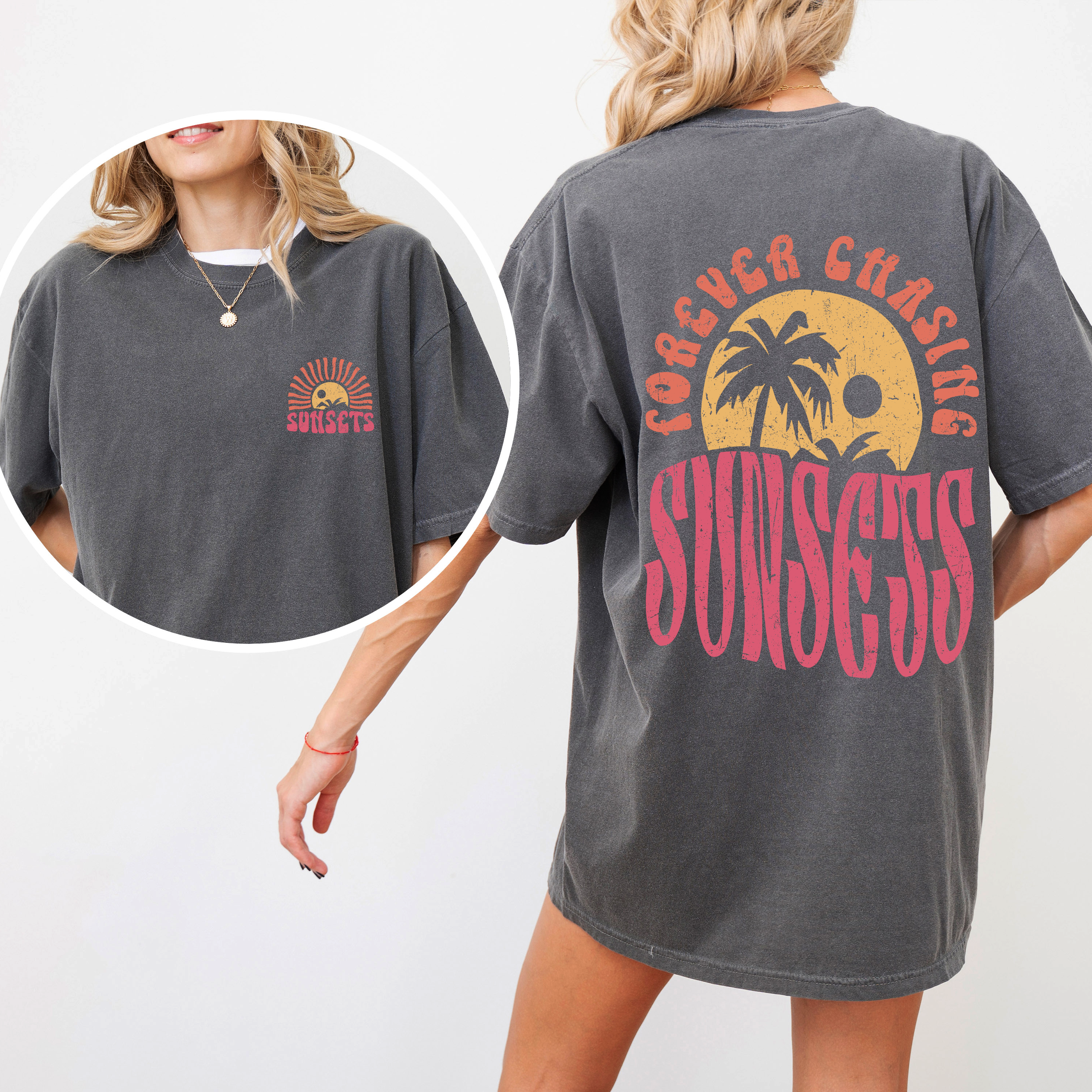 Forever Chasing Sunsets Palm Trees Beach Summer Coastal Living Comfort Colors Tee