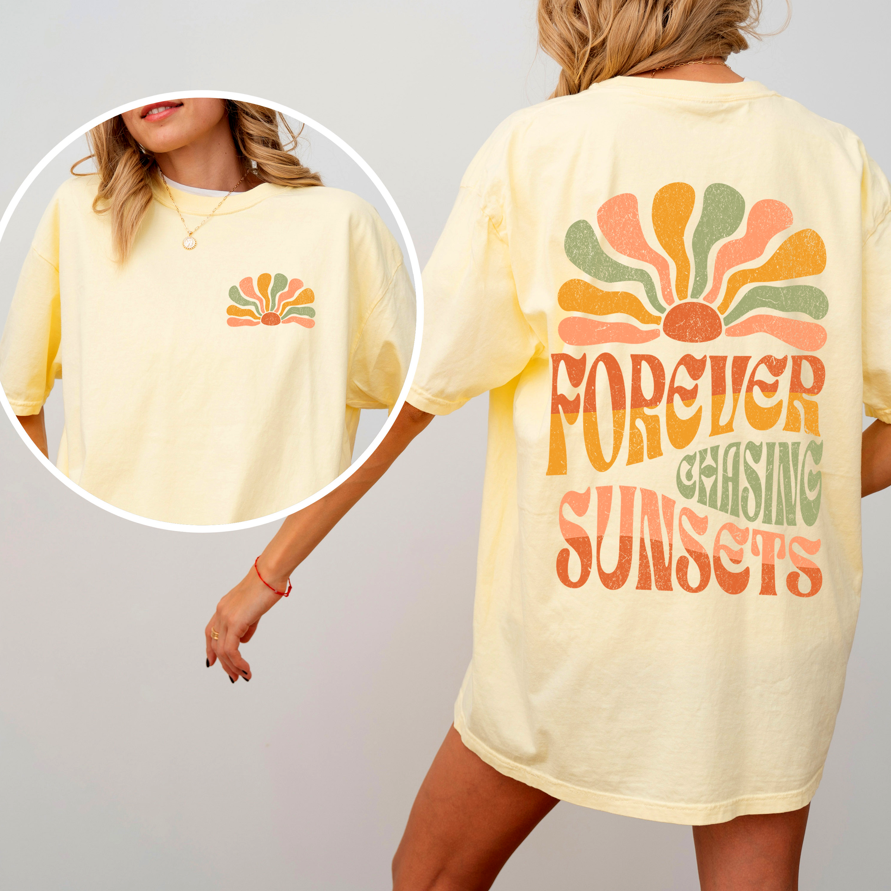 Forever Chasing Sunsets Retro Groovy Beach Summer Vintage Print Comfort Colors Tee