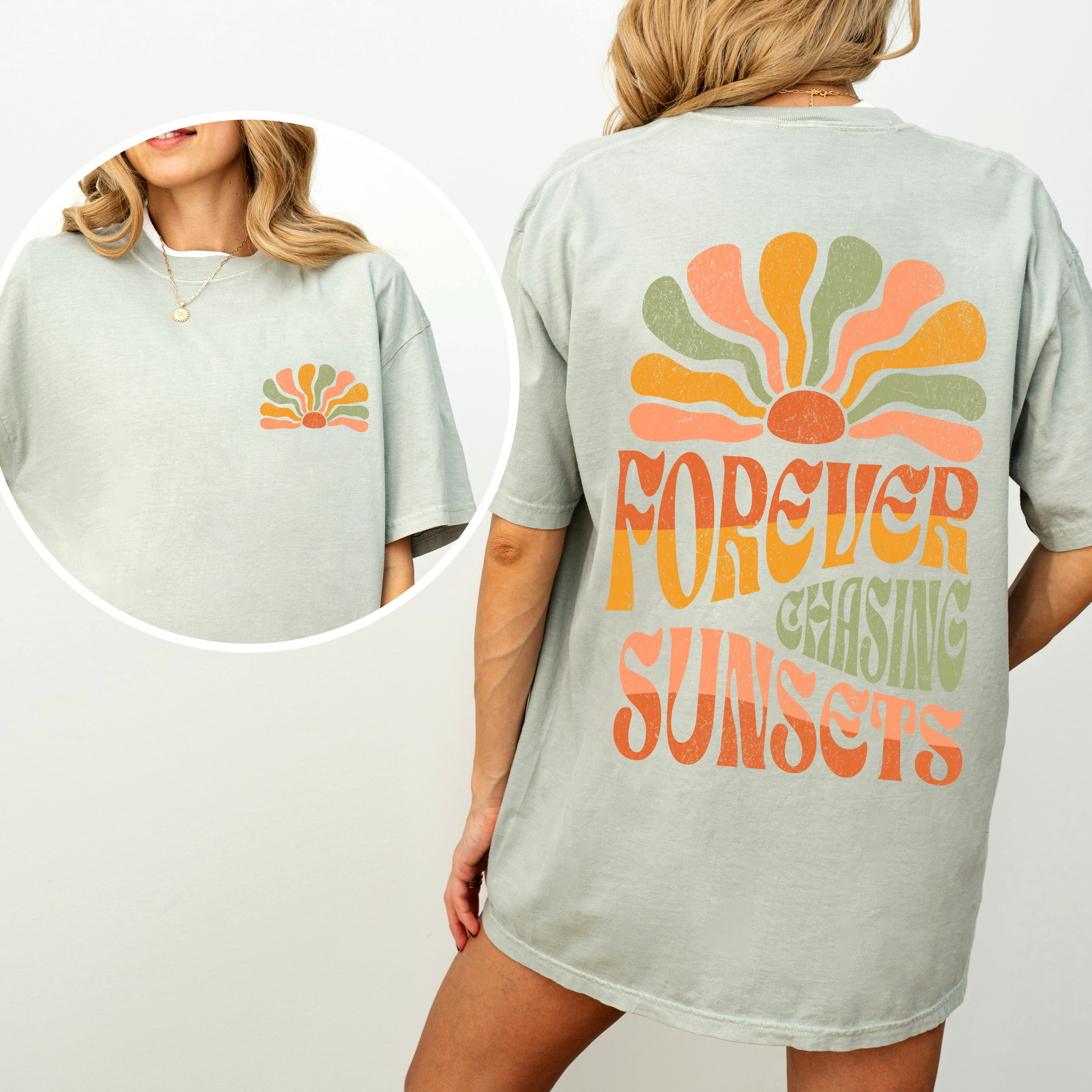 Forever Chasing Sunsets Retro Groovy Beach Summer Vintage Print Comfort Colors Tee