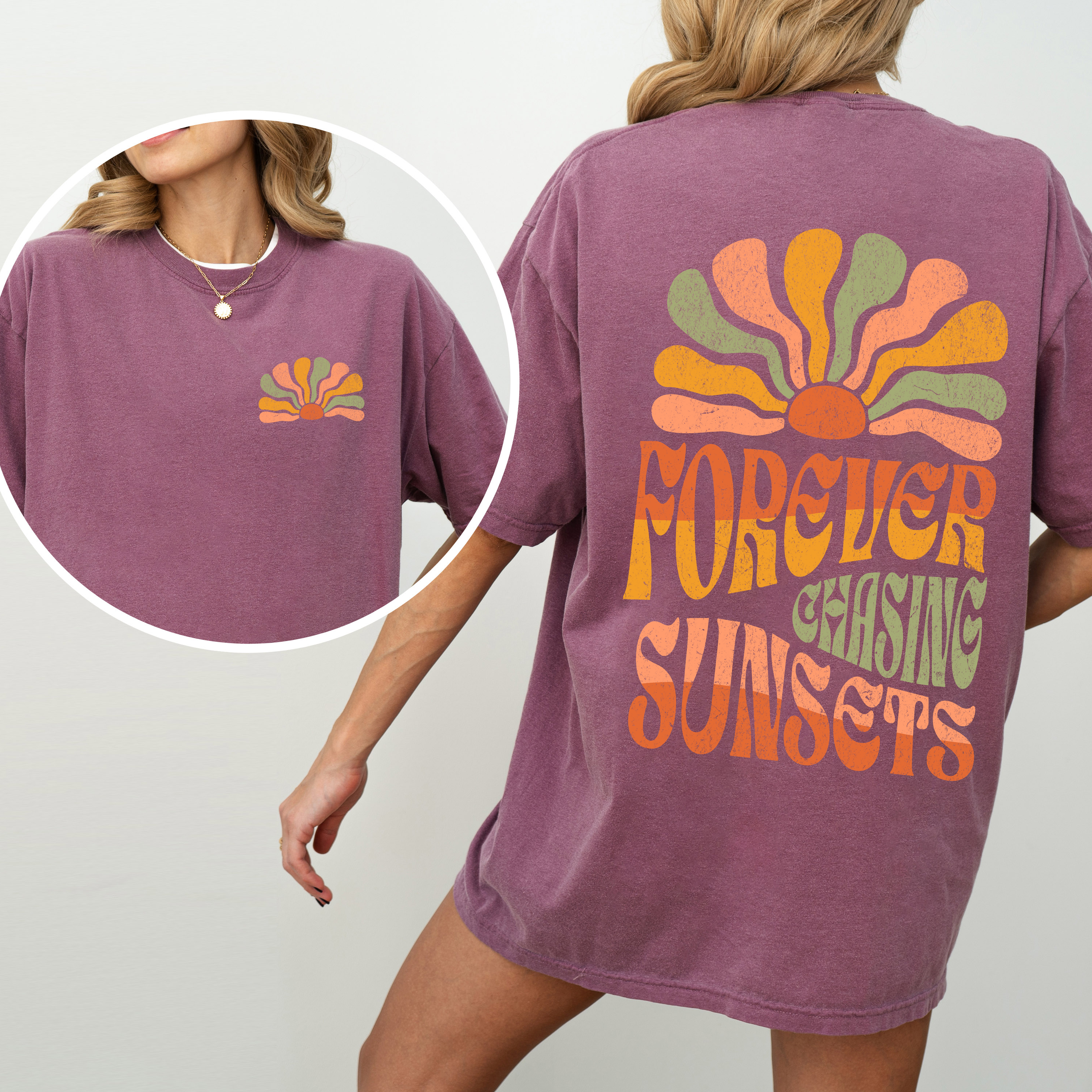 Forever Chasing Sunsets Retro Groovy Beach Summer Vintage Print Comfort Colors Tee