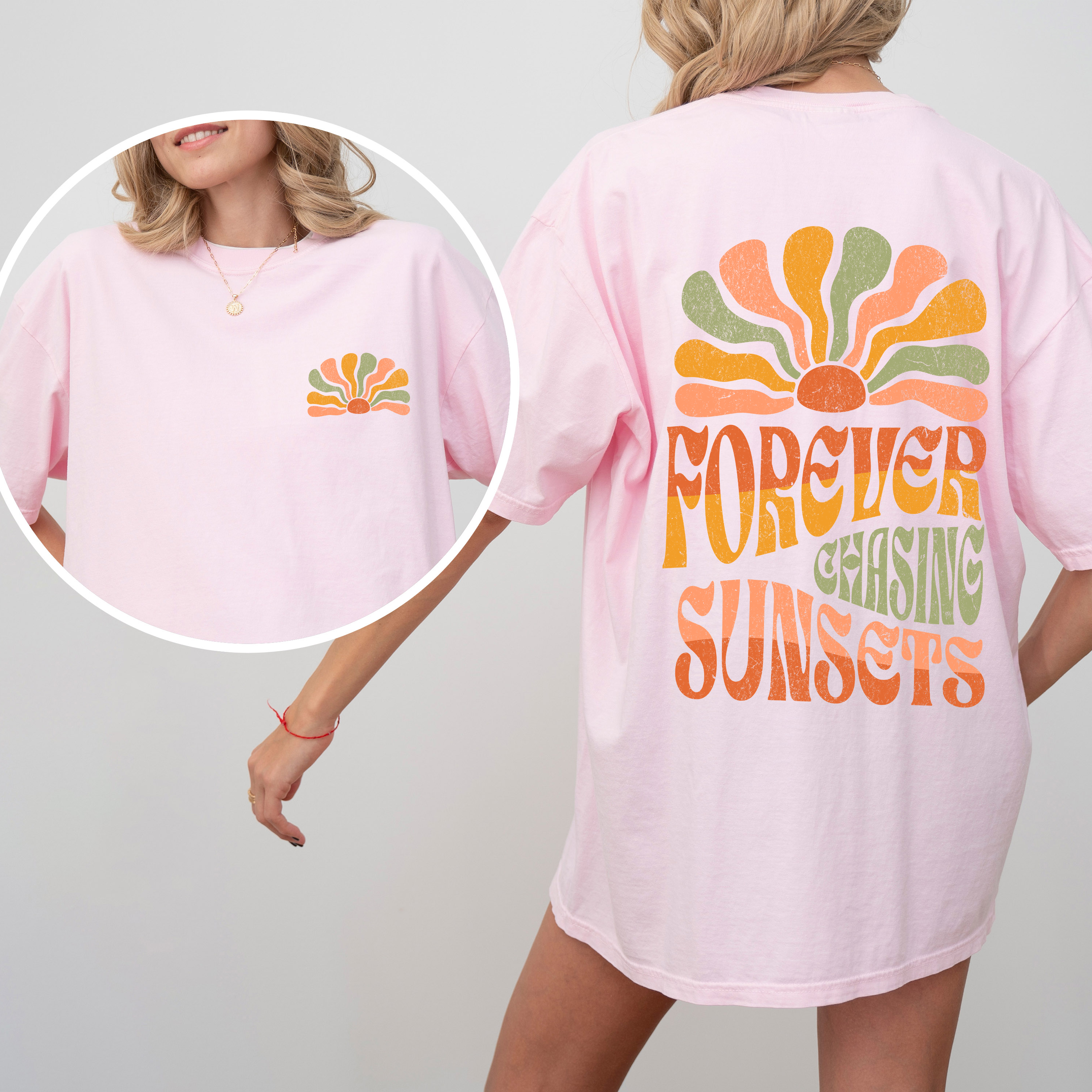 Forever Chasing Sunsets Retro Groovy Beach Summer Vintage Print Comfort Colors Tee