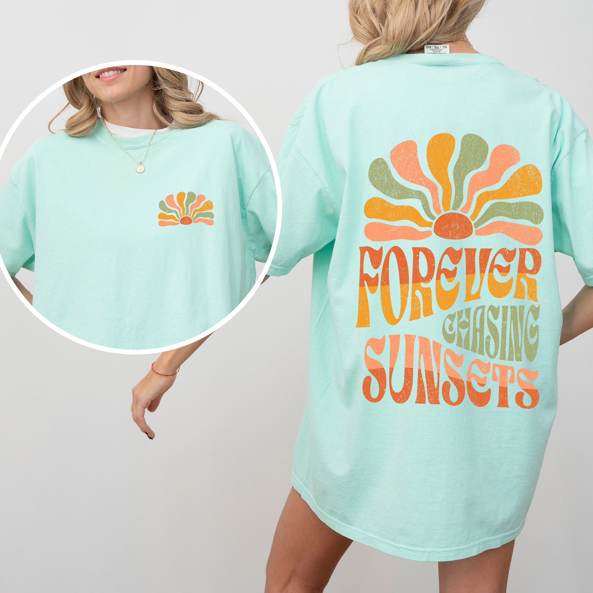 Forever Chasing Sunsets Retro Groovy Beach Summer Vintage Print Comfort Colors Tee