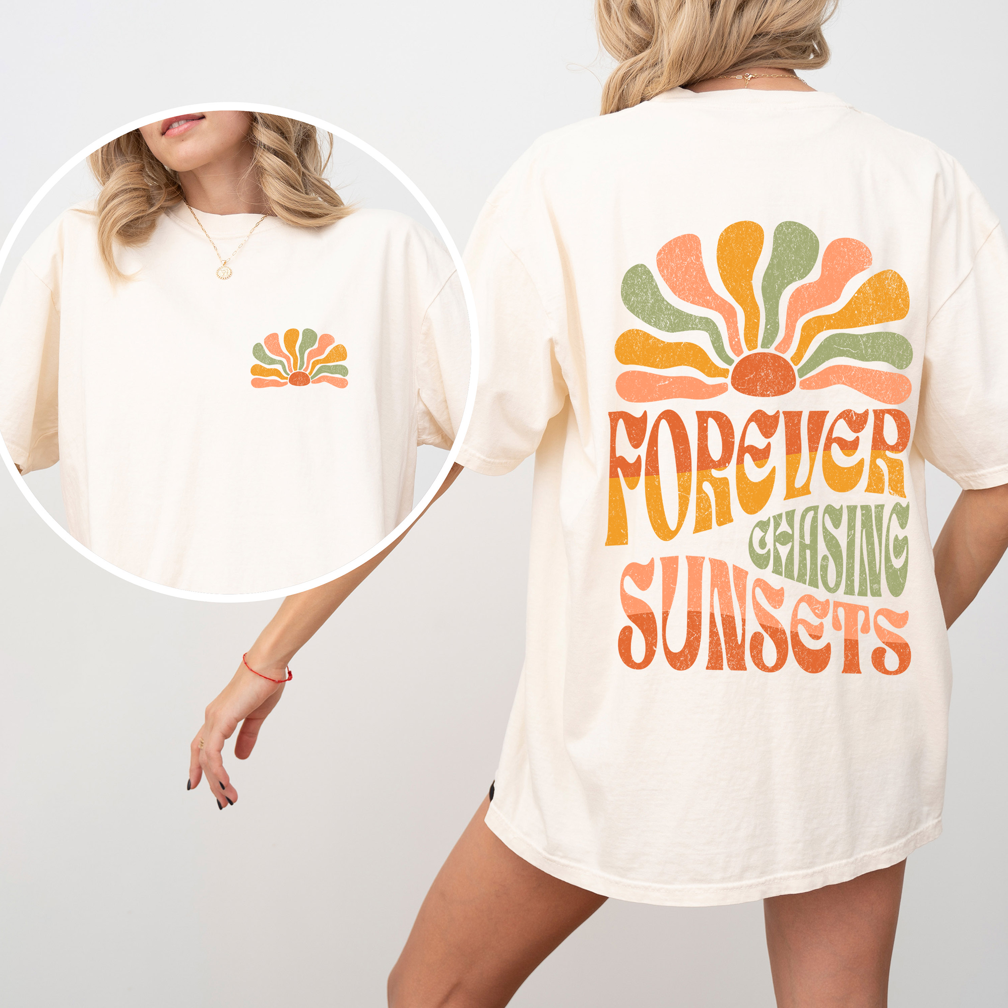 Forever Chasing Sunsets Retro Groovy Beach Summer Vintage Print Comfort Colors Tee