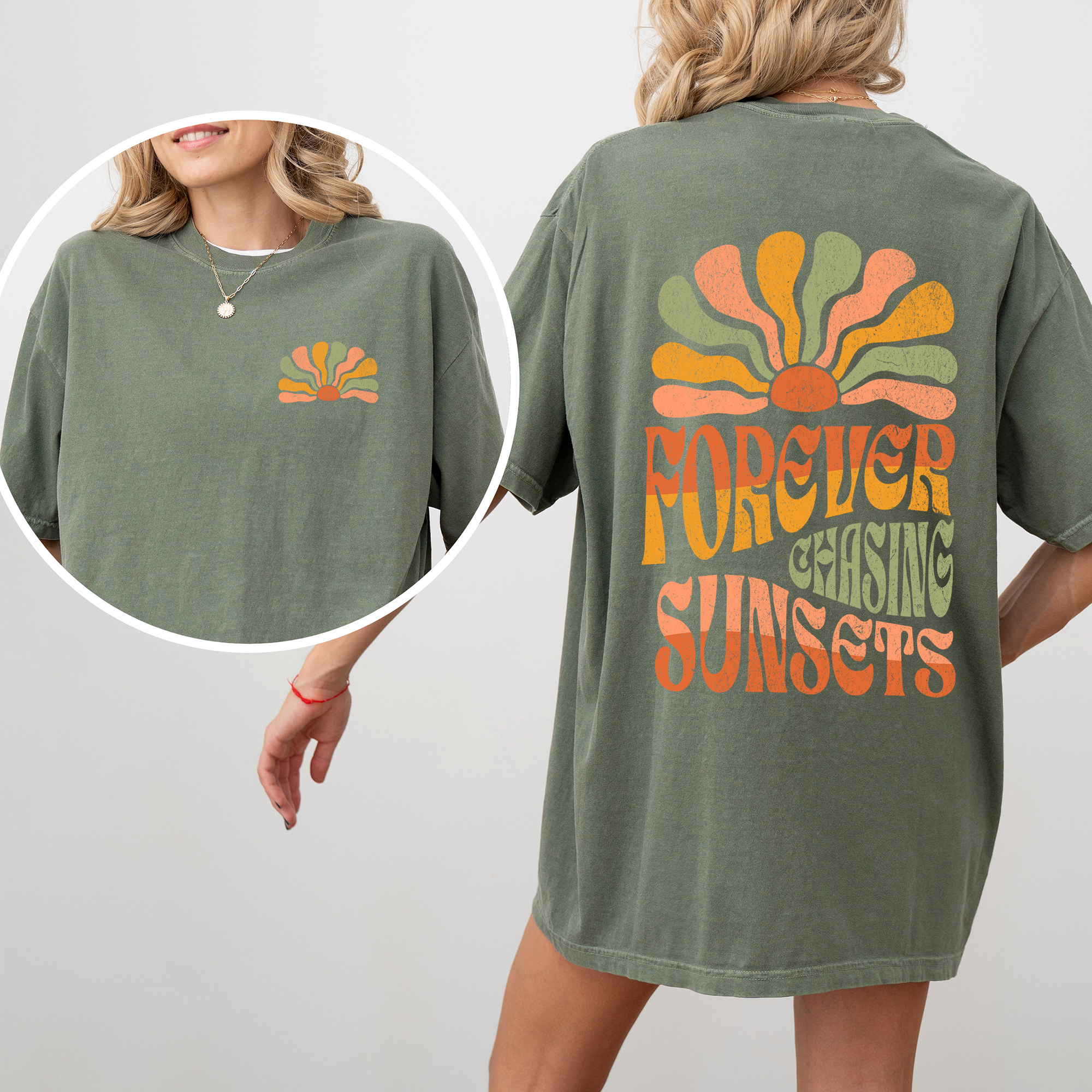 Forever Chasing Sunsets Retro Groovy Beach Summer Vintage Print Comfort Colors Tee