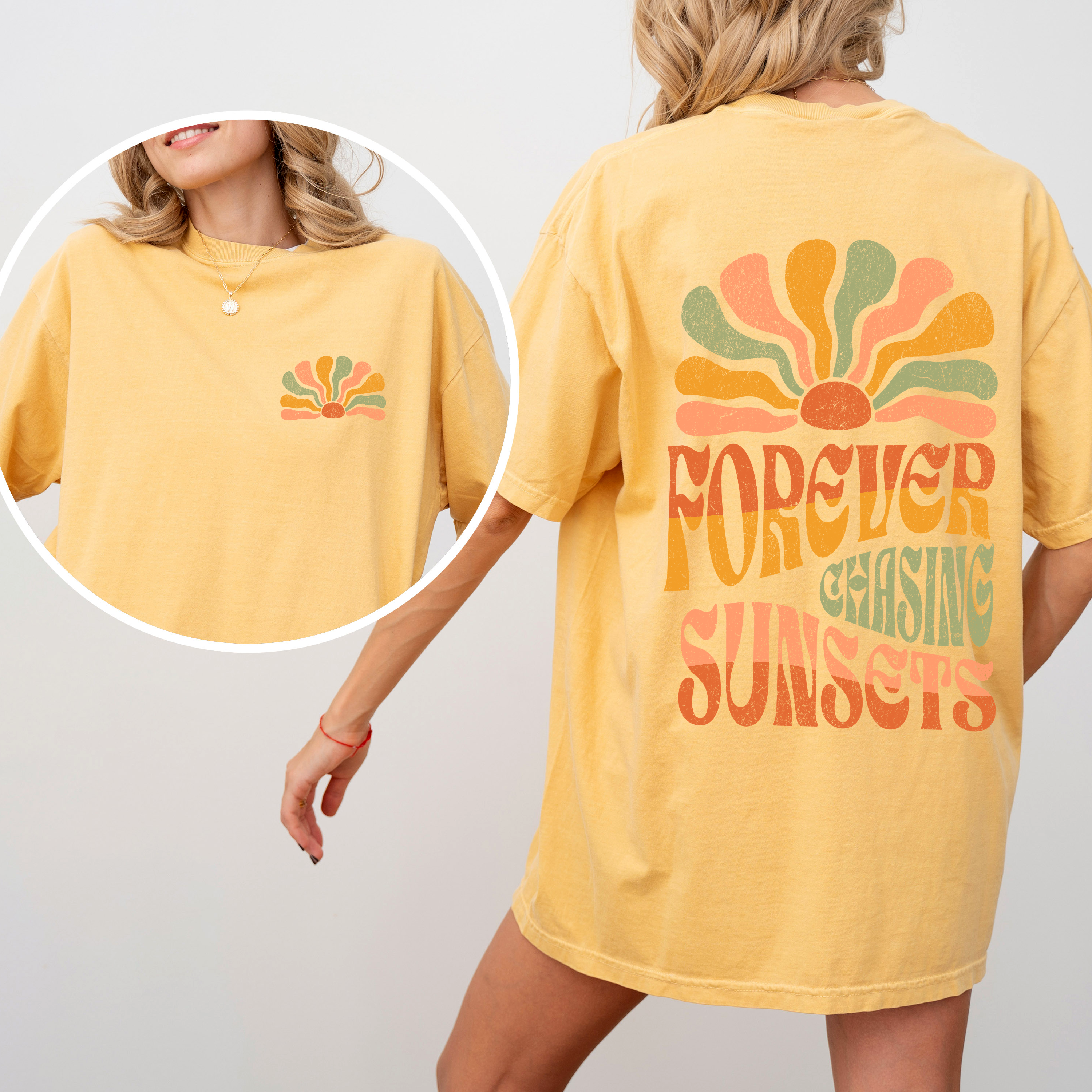 Forever Chasing Sunsets Retro Groovy Beach Summer Vintage Print Comfort Colors Tee