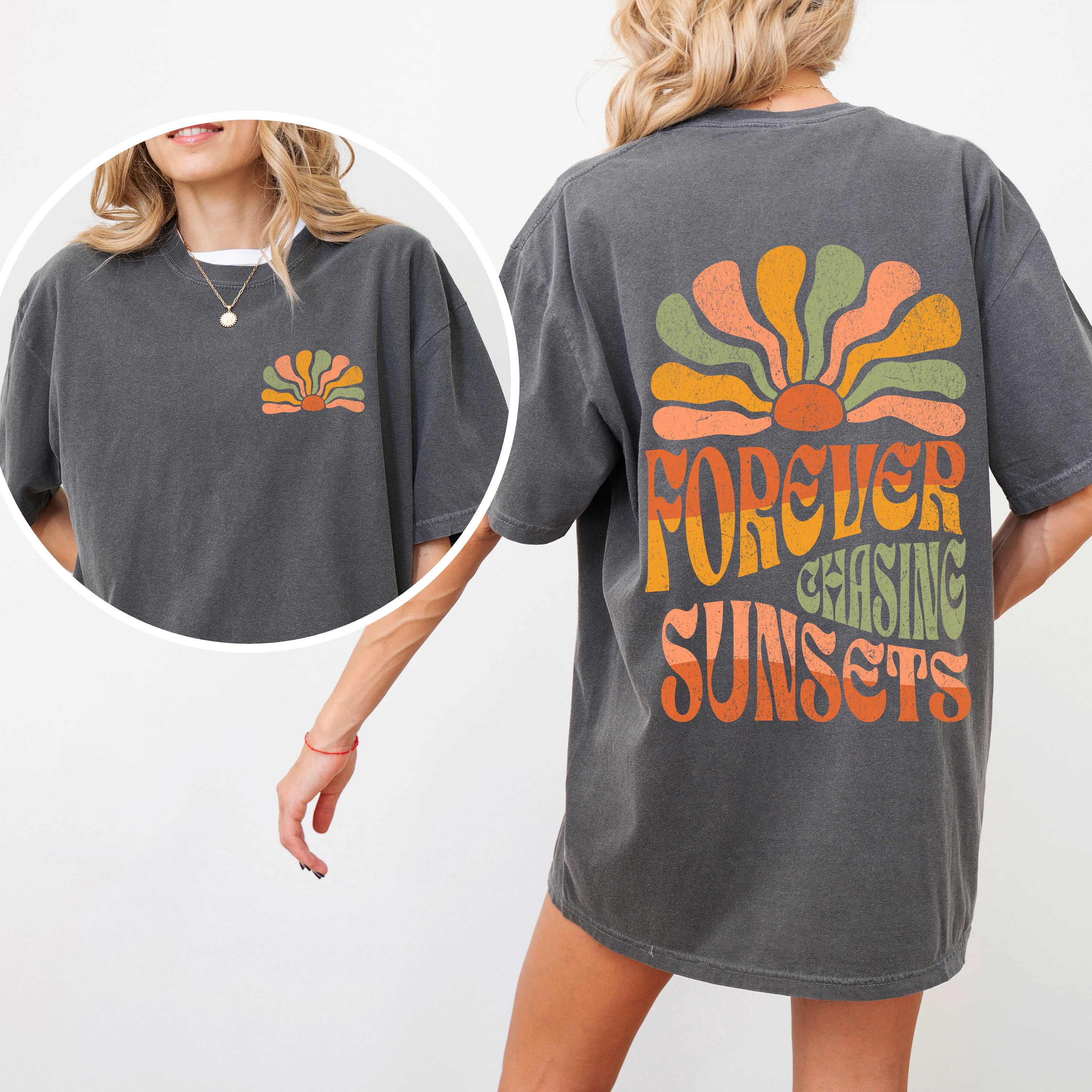 Forever Chasing Sunsets Retro Groovy Beach Summer Vintage Print Comfort Colors Tee