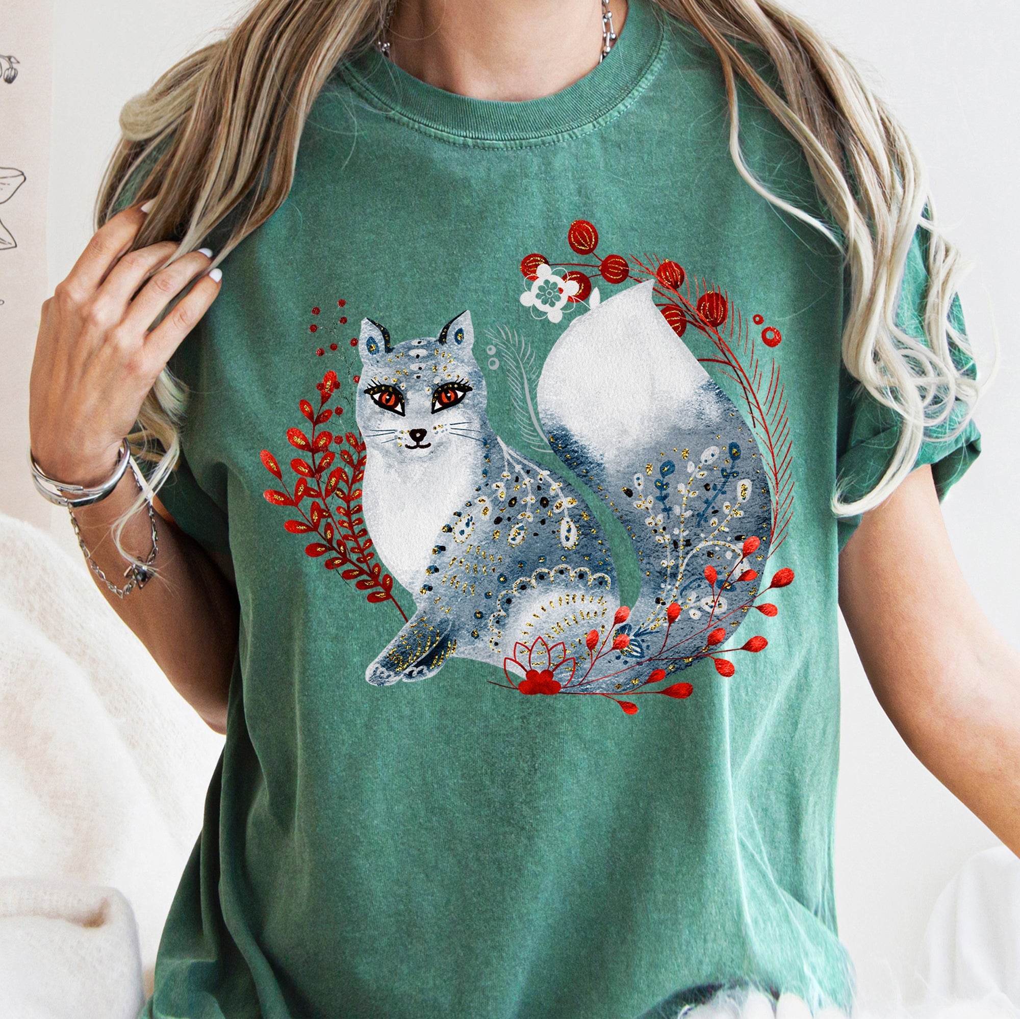 Fox Folk Art Scandinavian Winter Christmas Nordic Woodland Scene Themed Illustration Comfort Colors Tee