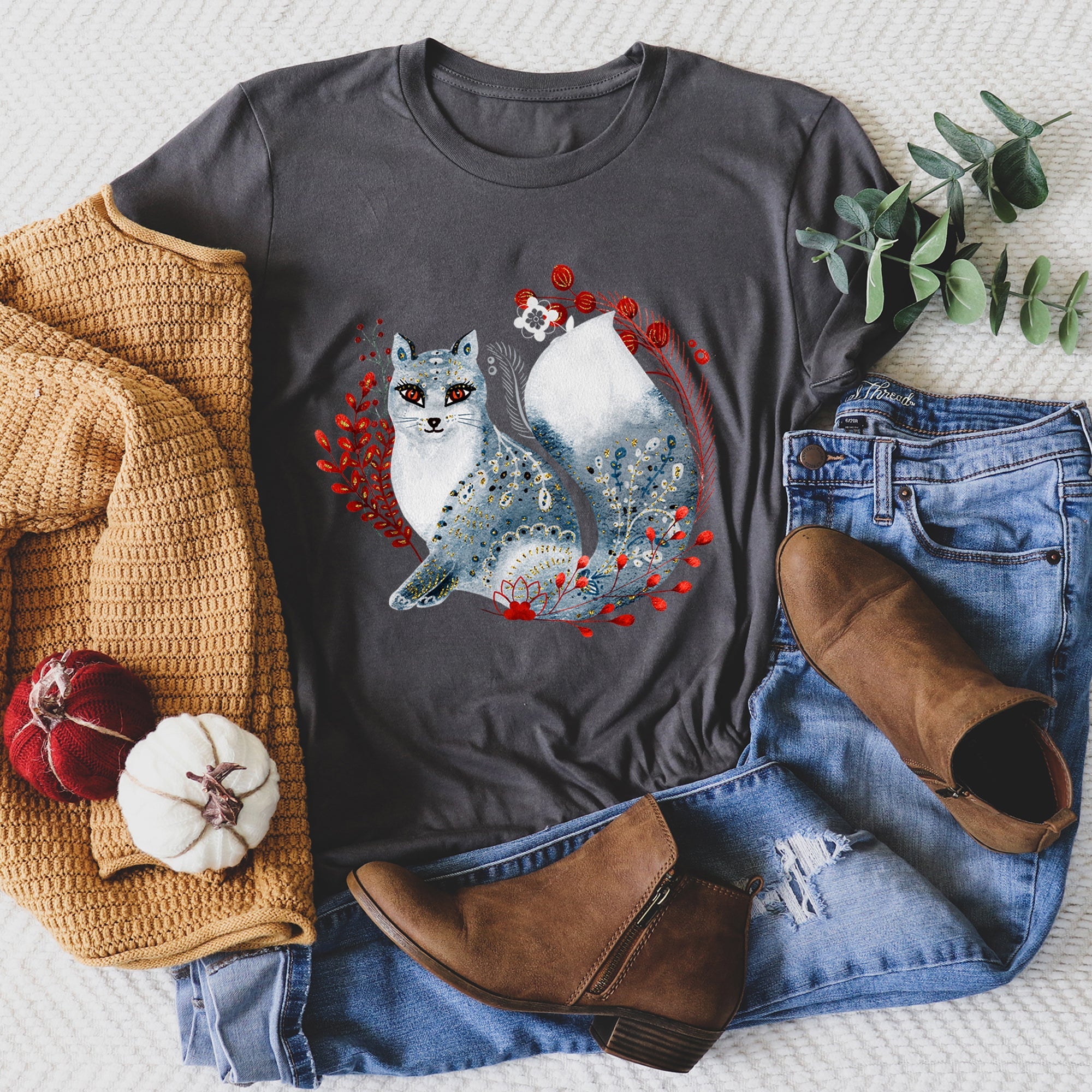 Fox Folk Art Scandinavian Winter Christmas Foxes Ornaments Snowflakes Graphic Tee