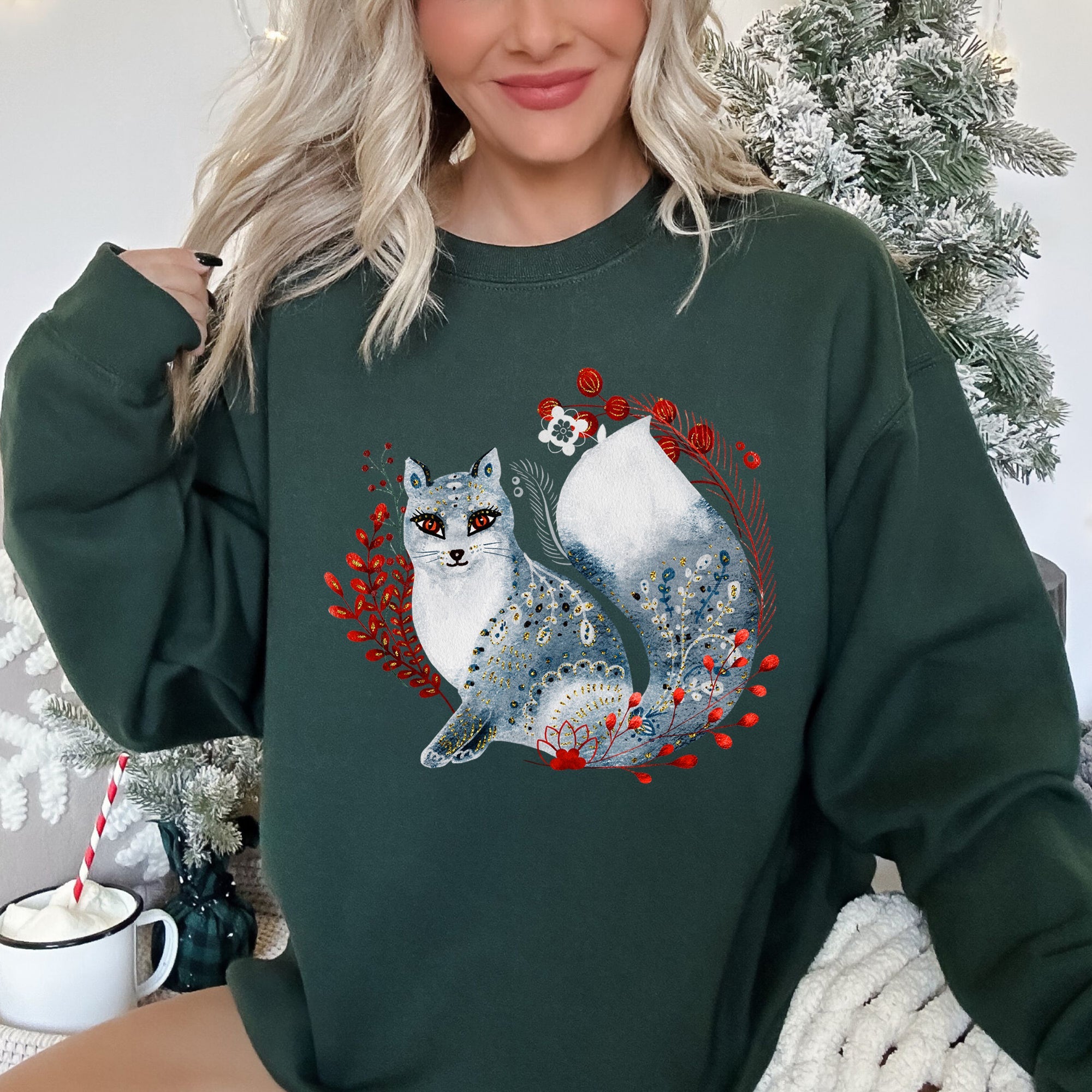 Fox, Folk Art Scandinavian Christmas Fox Art Illustration For Cozy Nordic Holiday Sweatshirt