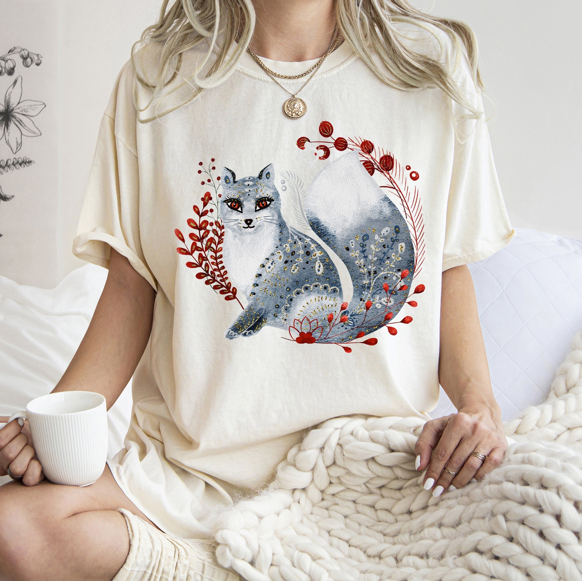 Fox Folk Art Scandinavian Winter Christmas Nordic Woodland Scene Themed Illustration Comfort Colors Tee