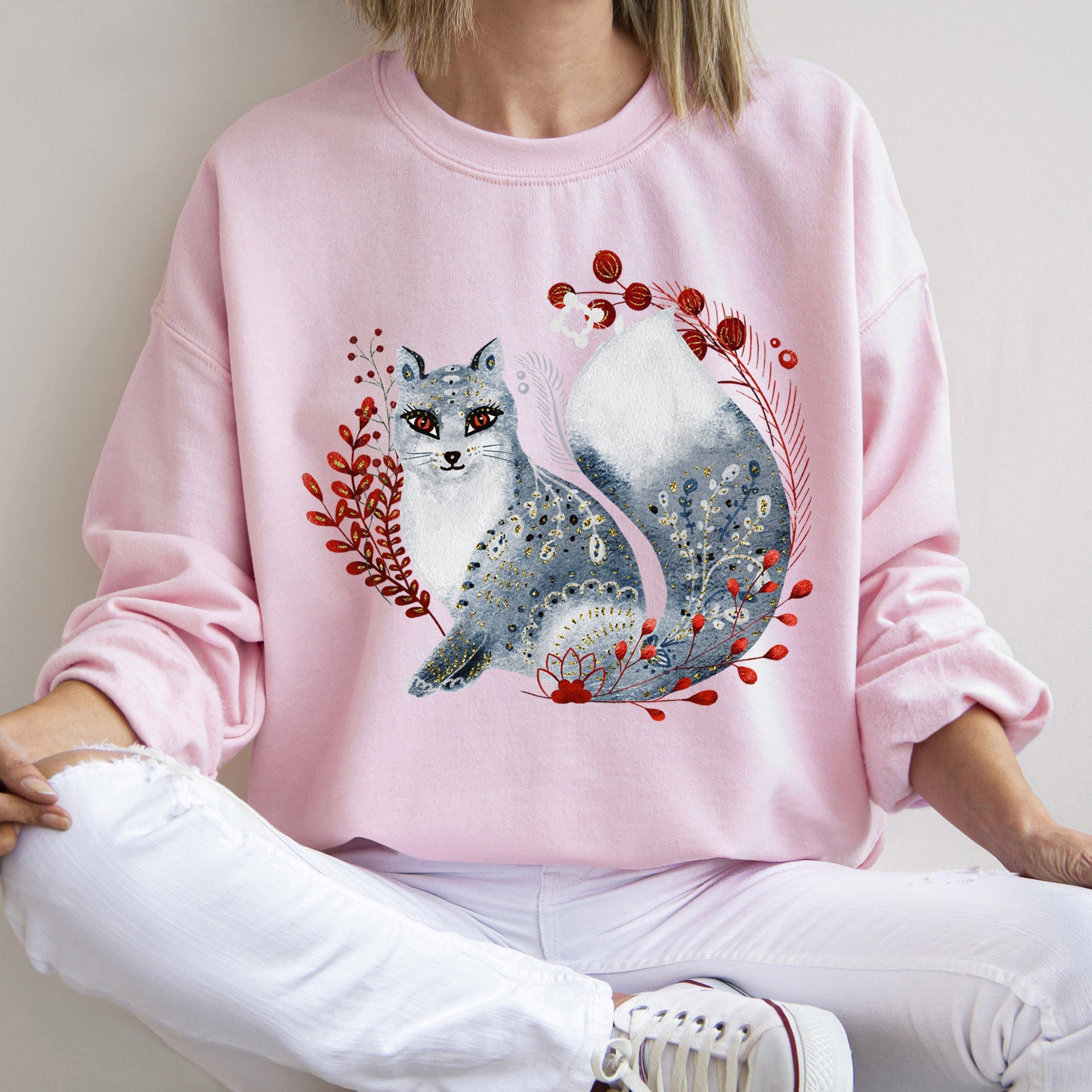 Fox, Folk Art Scandinavian Christmas Fox Art Illustration For Cozy Nordic Holiday Sweatshirt