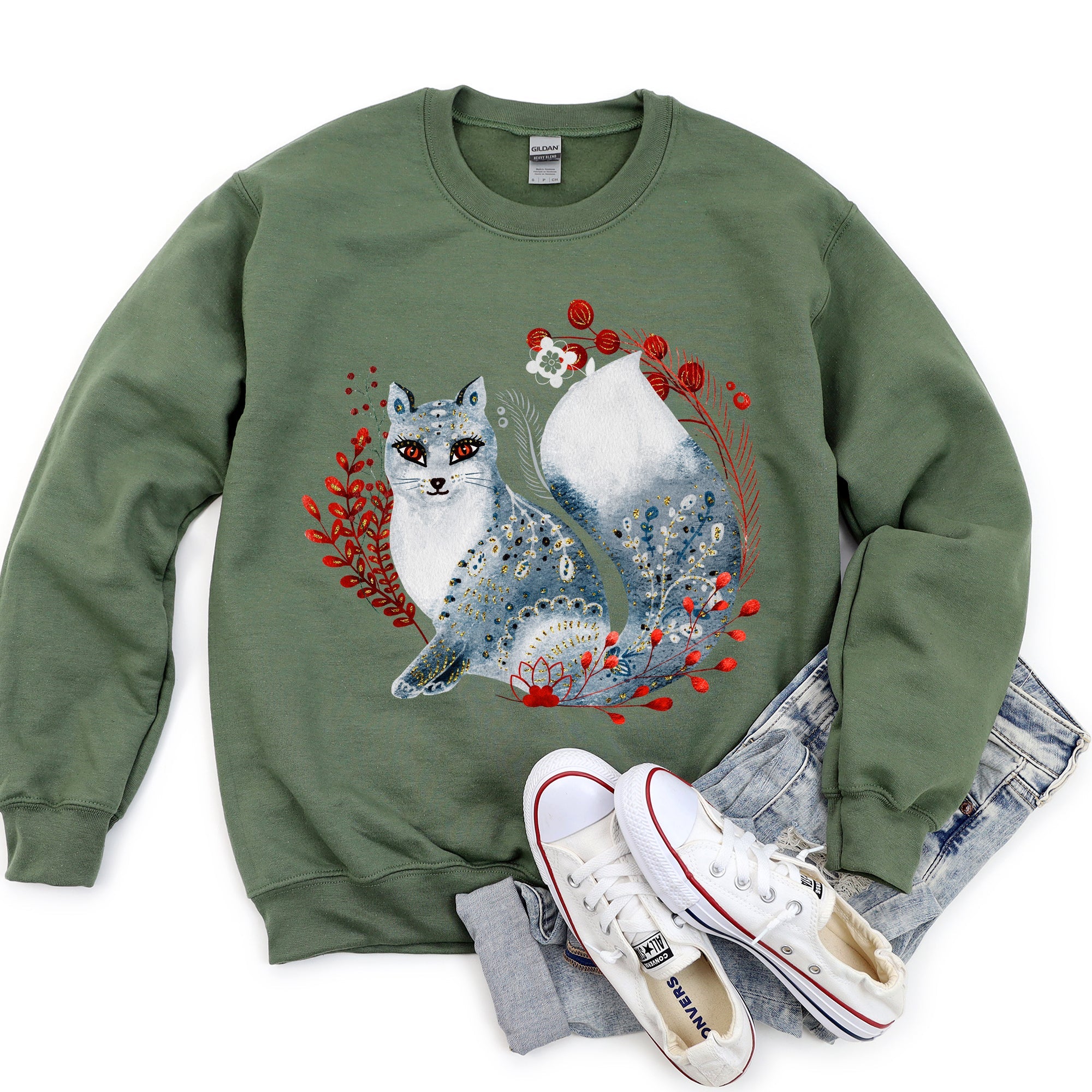 Fox, Folk Art Scandinavian Christmas Fox Art Illustration For Cozy Nordic Holiday Sweatshirt