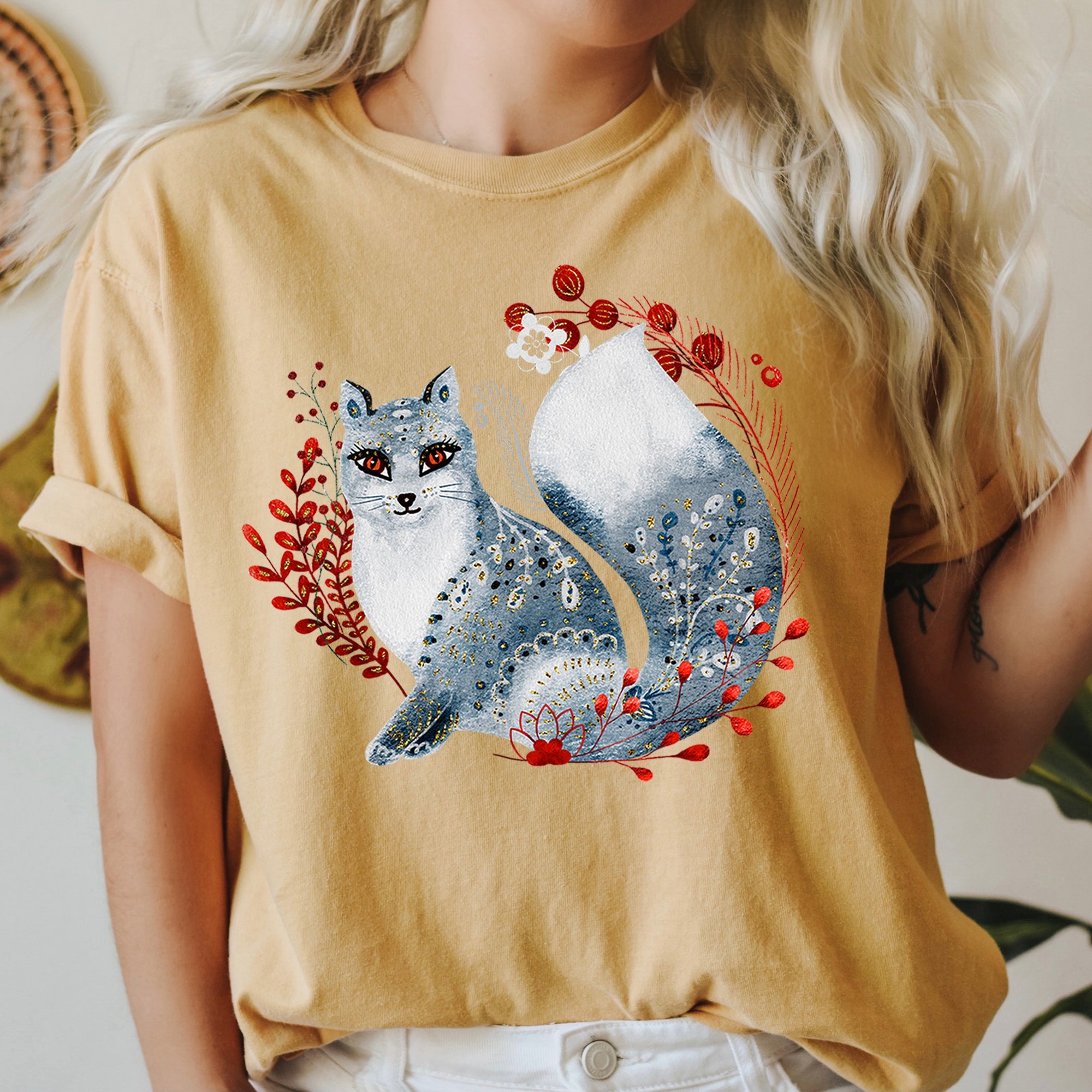 Fox Folk Art Scandinavian Winter Christmas Nordic Woodland Scene Themed Illustration Comfort Colors Tee