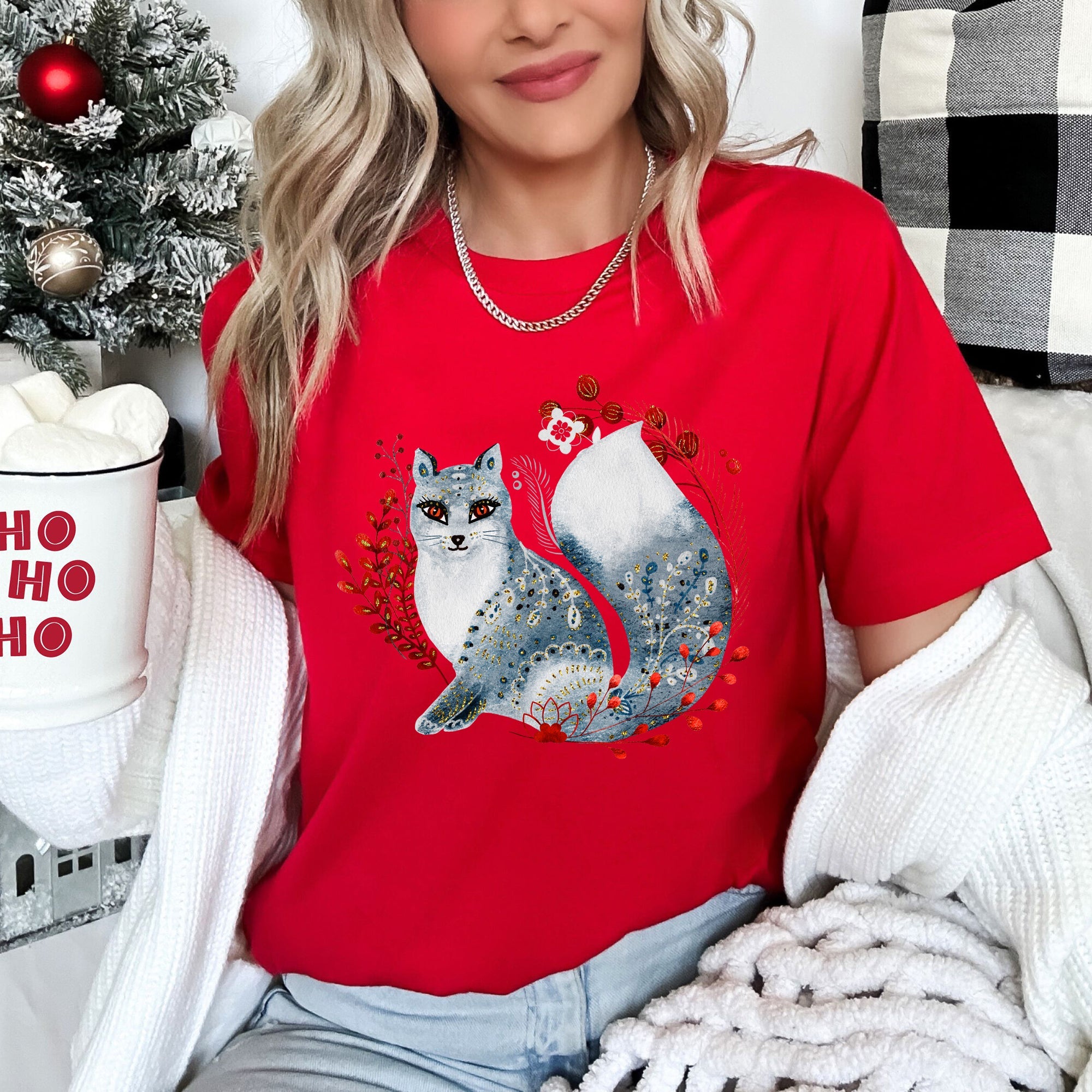 Fox Folk Art Scandinavian Winter Christmas Foxes Ornaments Snowflakes Graphic Tee