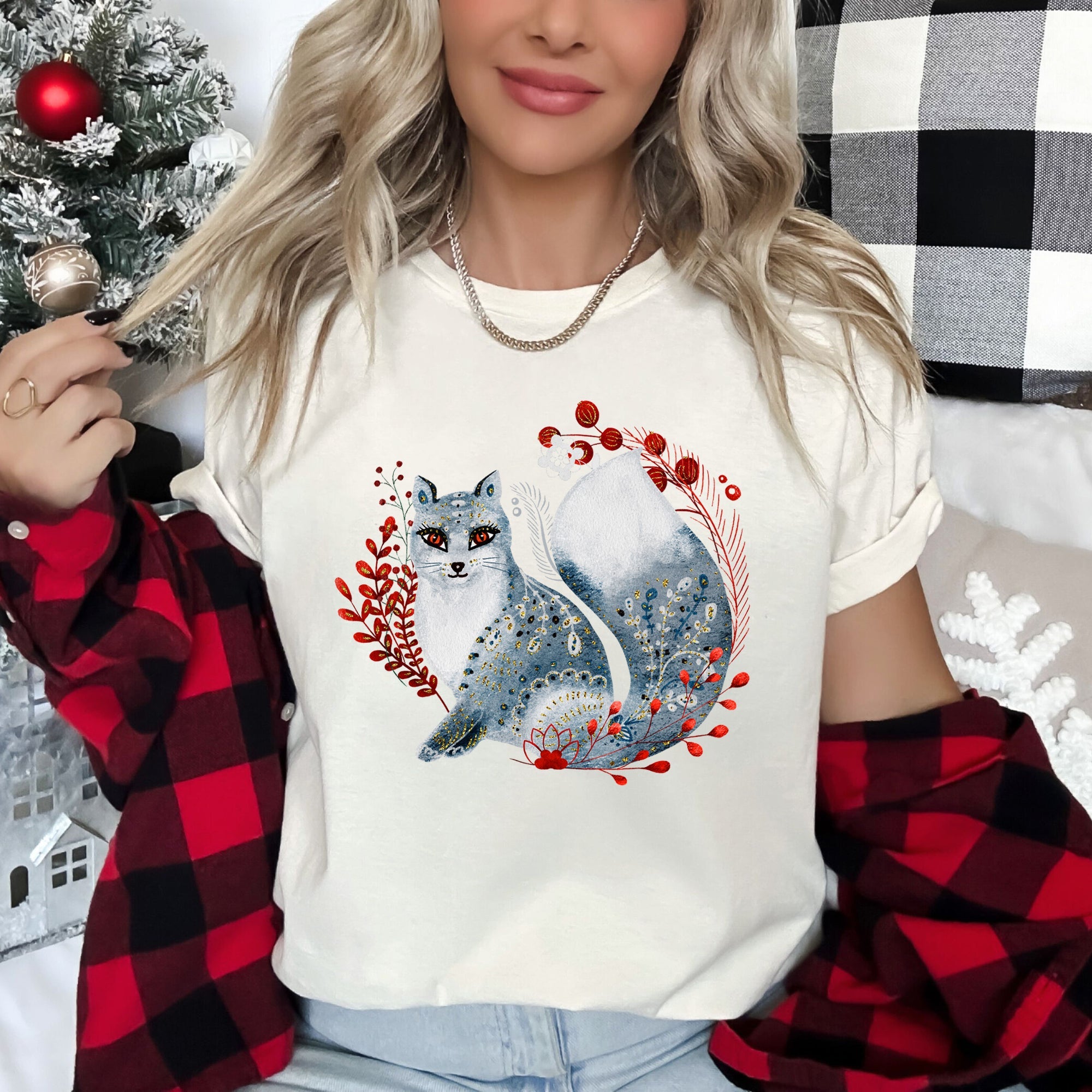 Fox Folk Art Scandinavian Winter Christmas Foxes Ornaments Snowflakes Graphic Tee