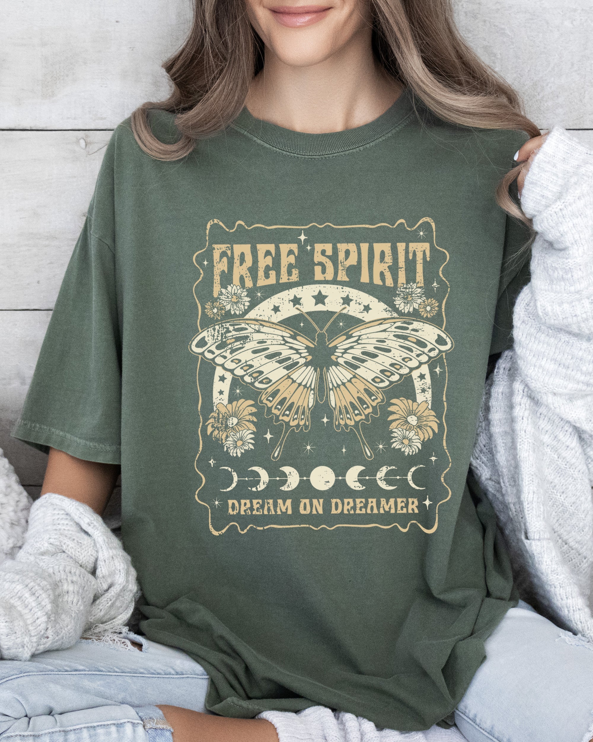 Free Spirit, Dream On Dreamer, Hippie, Psychedelic, Butterfly Comfort Colors Tee