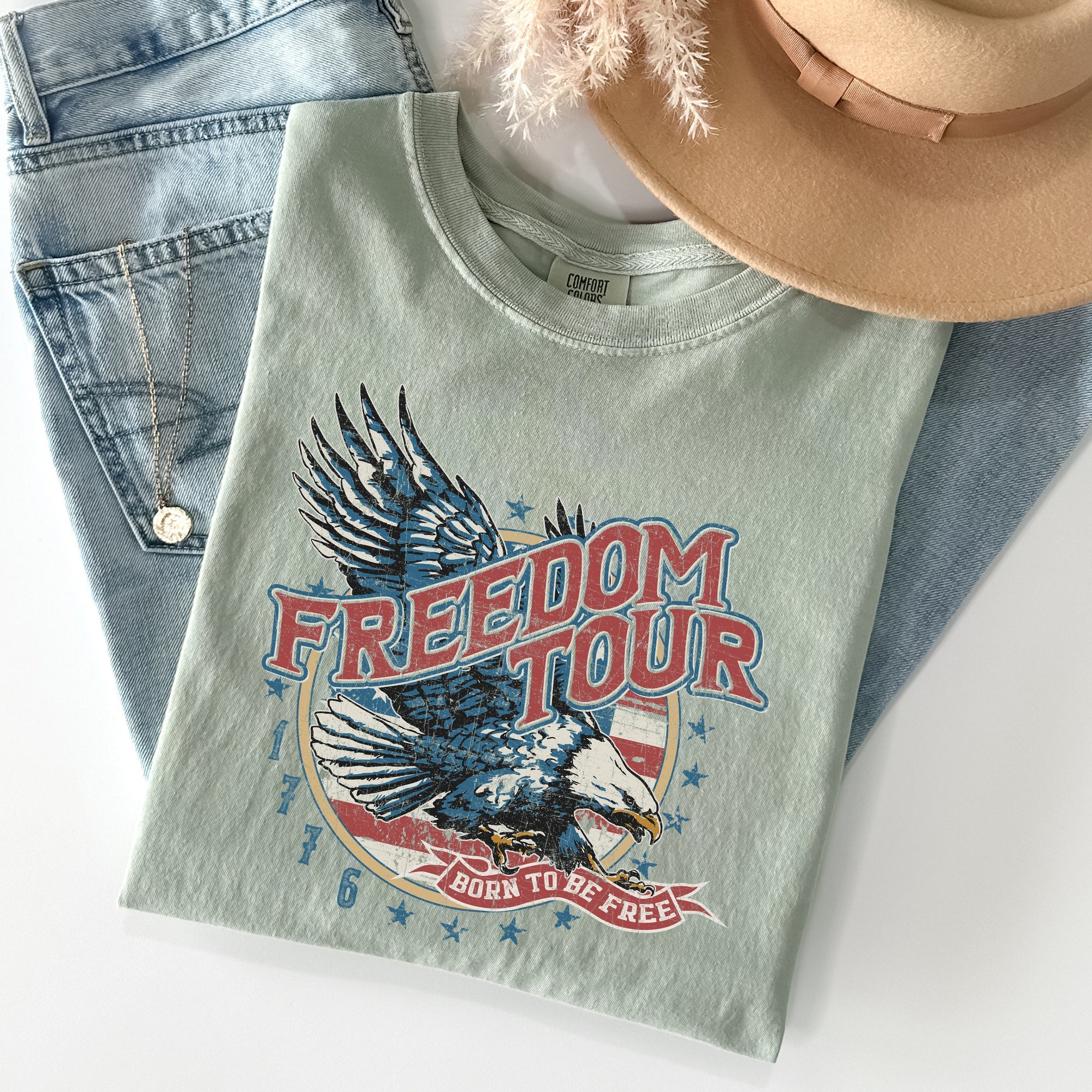 Freedom Tour America 1776 Flag Fighter Jets Emblem Vintage Style Comfort Colors Tee