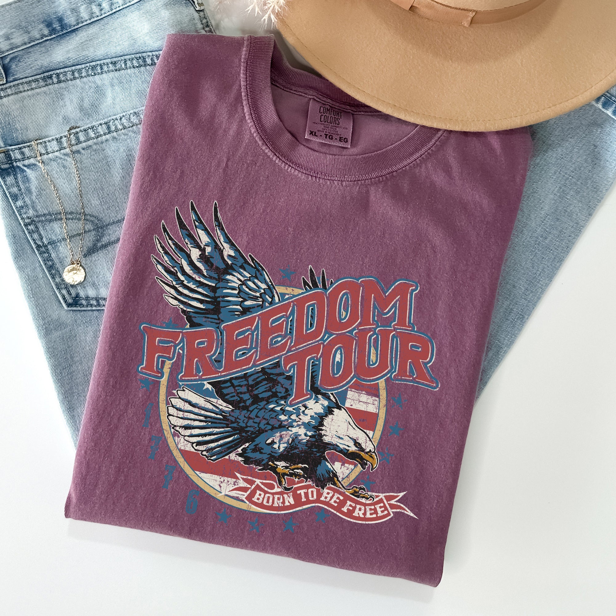 Freedom Tour America 1776 Flag Fighter Jets Emblem Vintage Style Comfort Colors Tee
