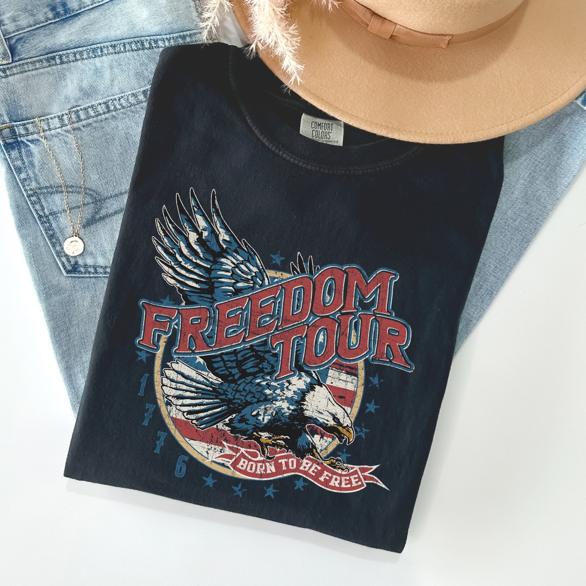 Freedom Tour America 1776 Flag Fighter Jets Emblem Vintage Style Comfort Colors Tee