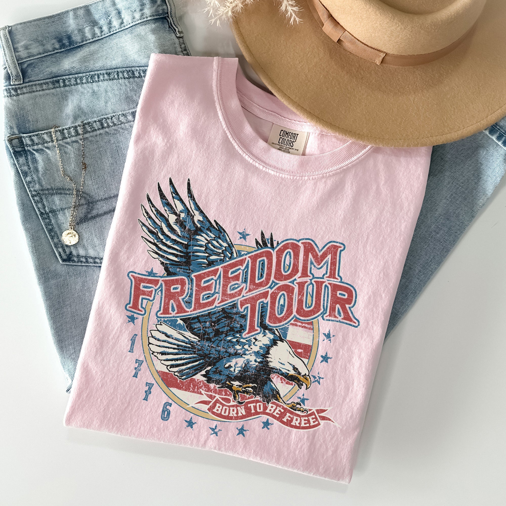 Freedom Tour America 1776 Flag Fighter Jets Emblem Vintage Style Comfort Colors Tee