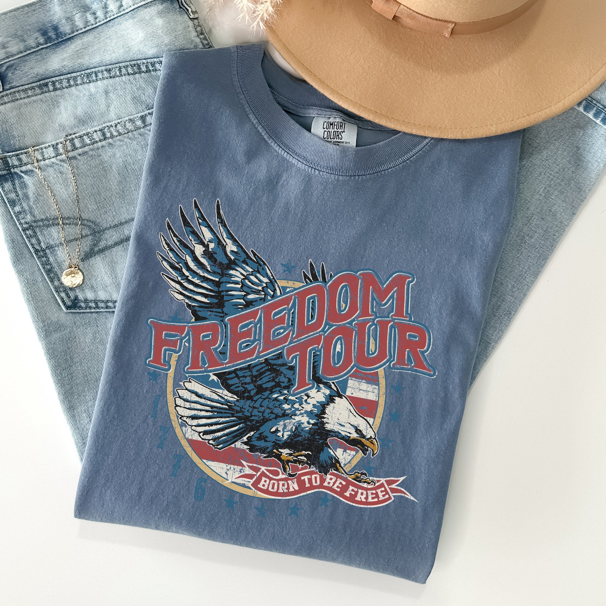 Freedom Tour America 1776 Flag Fighter Jets Emblem Vintage Style Comfort Colors Tee
