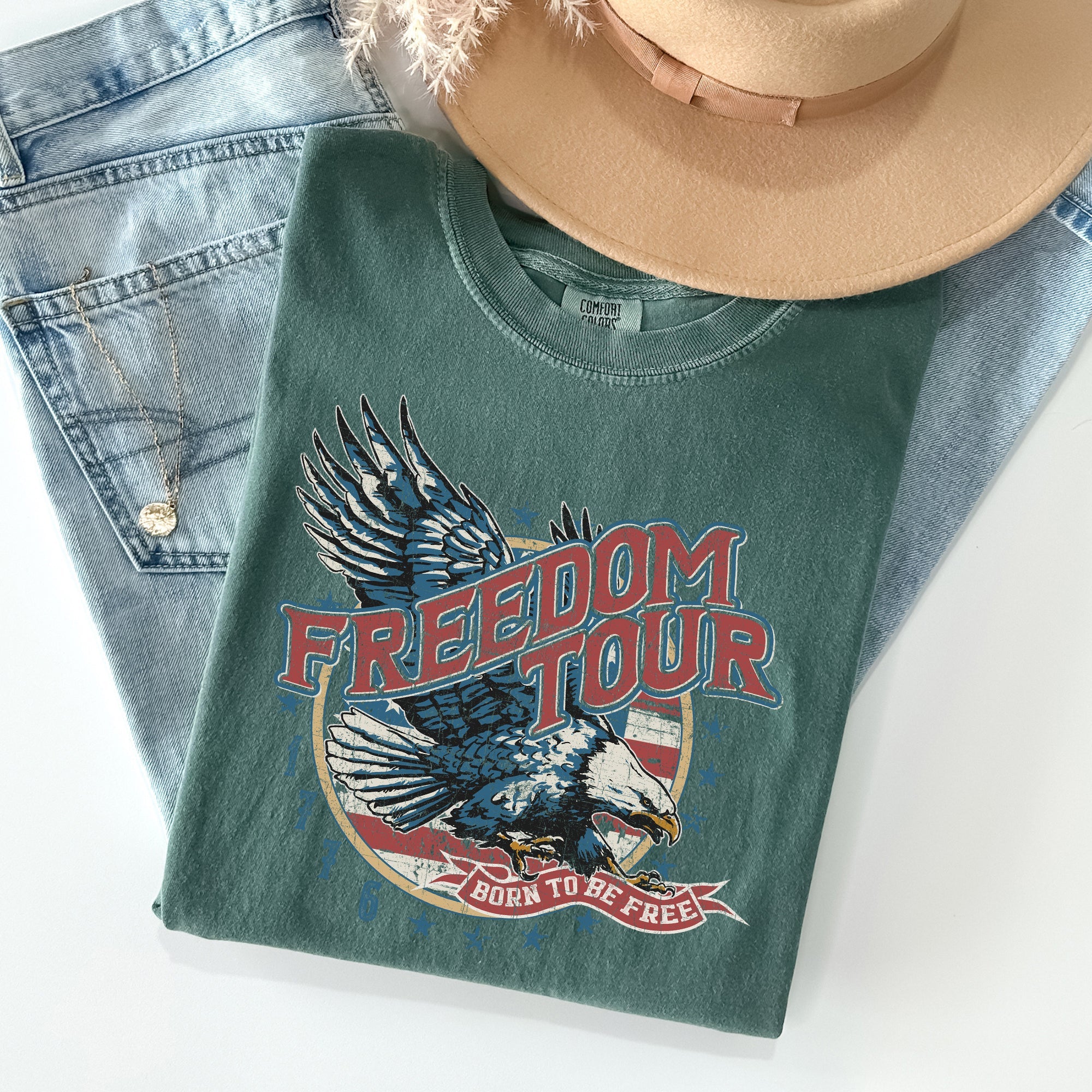 Freedom Tour America 1776 Flag Fighter Jets Emblem Vintage Style Comfort Colors Tee