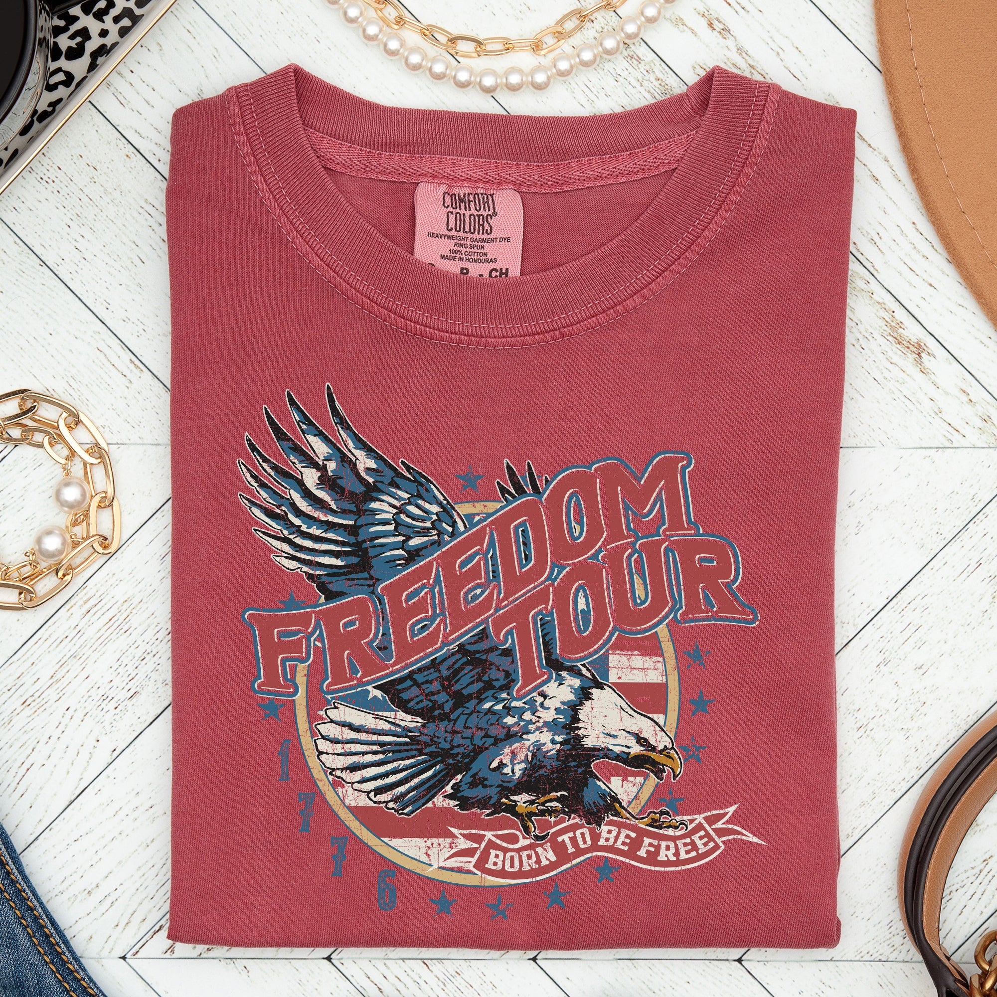 Freedom Tour America 1776 Flag Fighter Jets Emblem Vintage Style Comfort Colors Tee