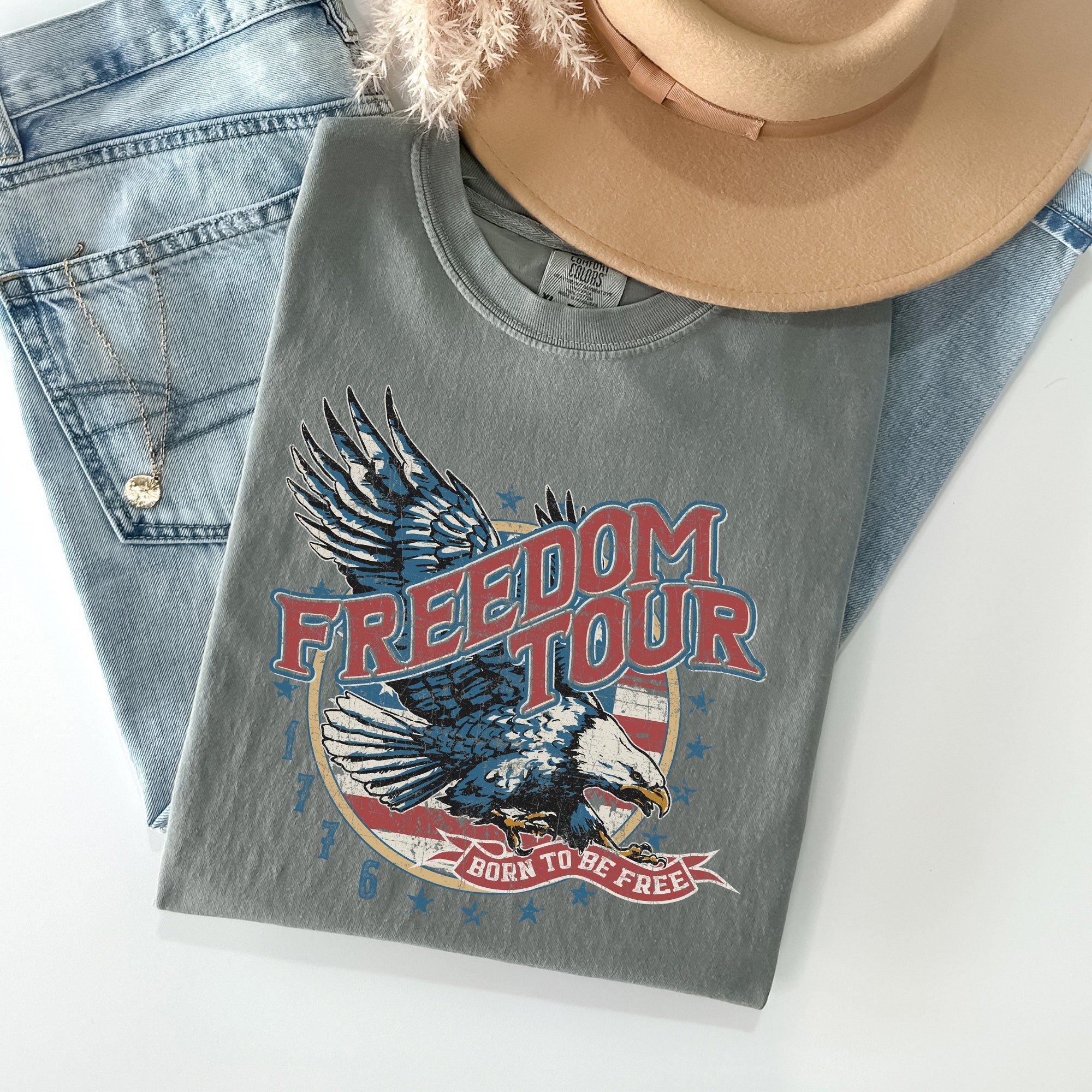 Freedom Tour America 1776 Flag Fighter Jets Emblem Vintage Style Comfort Colors Tee