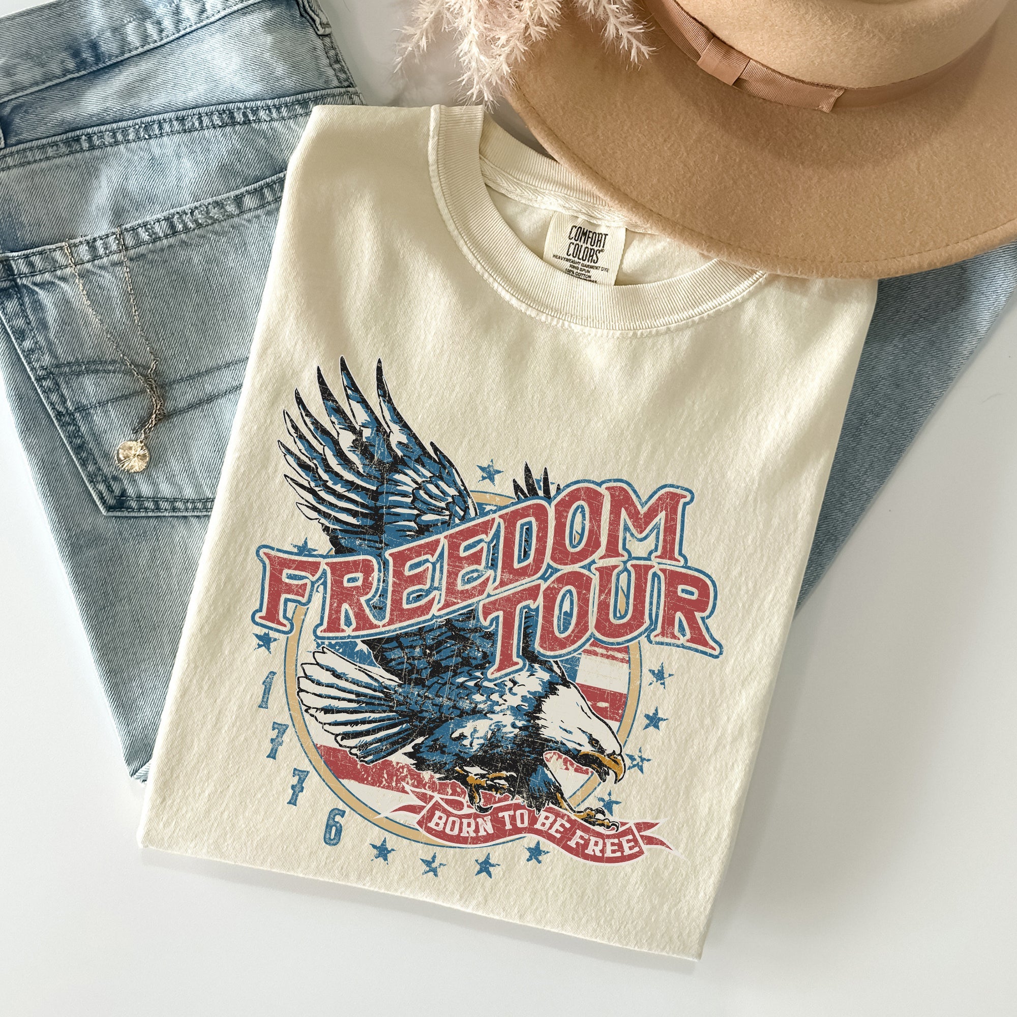 Freedom Tour America 1776 Flag Fighter Jets Emblem Vintage Style Comfort Colors Tee