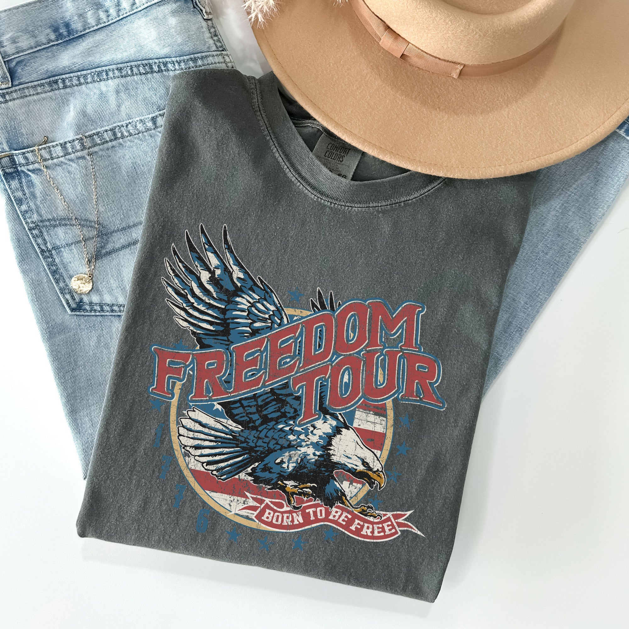 Freedom Tour America 1776 Flag Fighter Jets Emblem Vintage Style Comfort Colors Tee