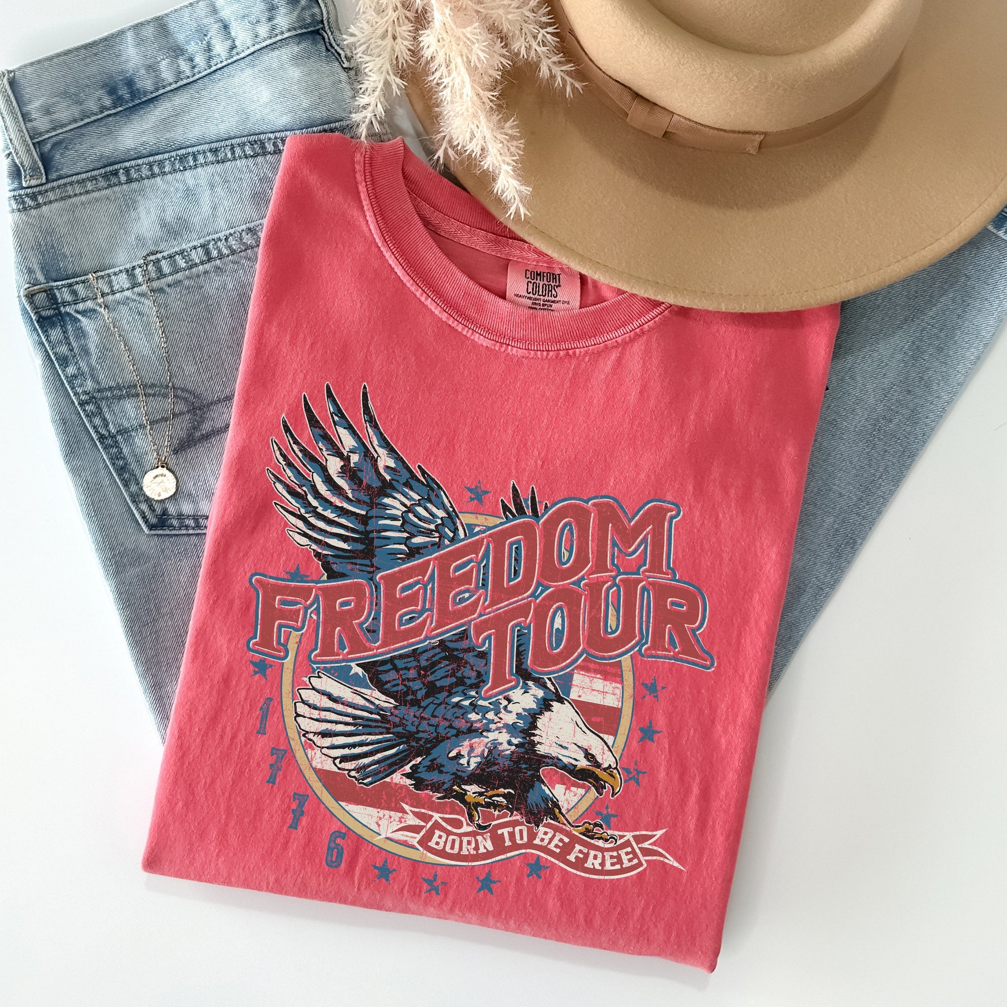 Freedom Tour America 1776 Flag Fighter Jets Emblem Vintage Style Comfort Colors Tee