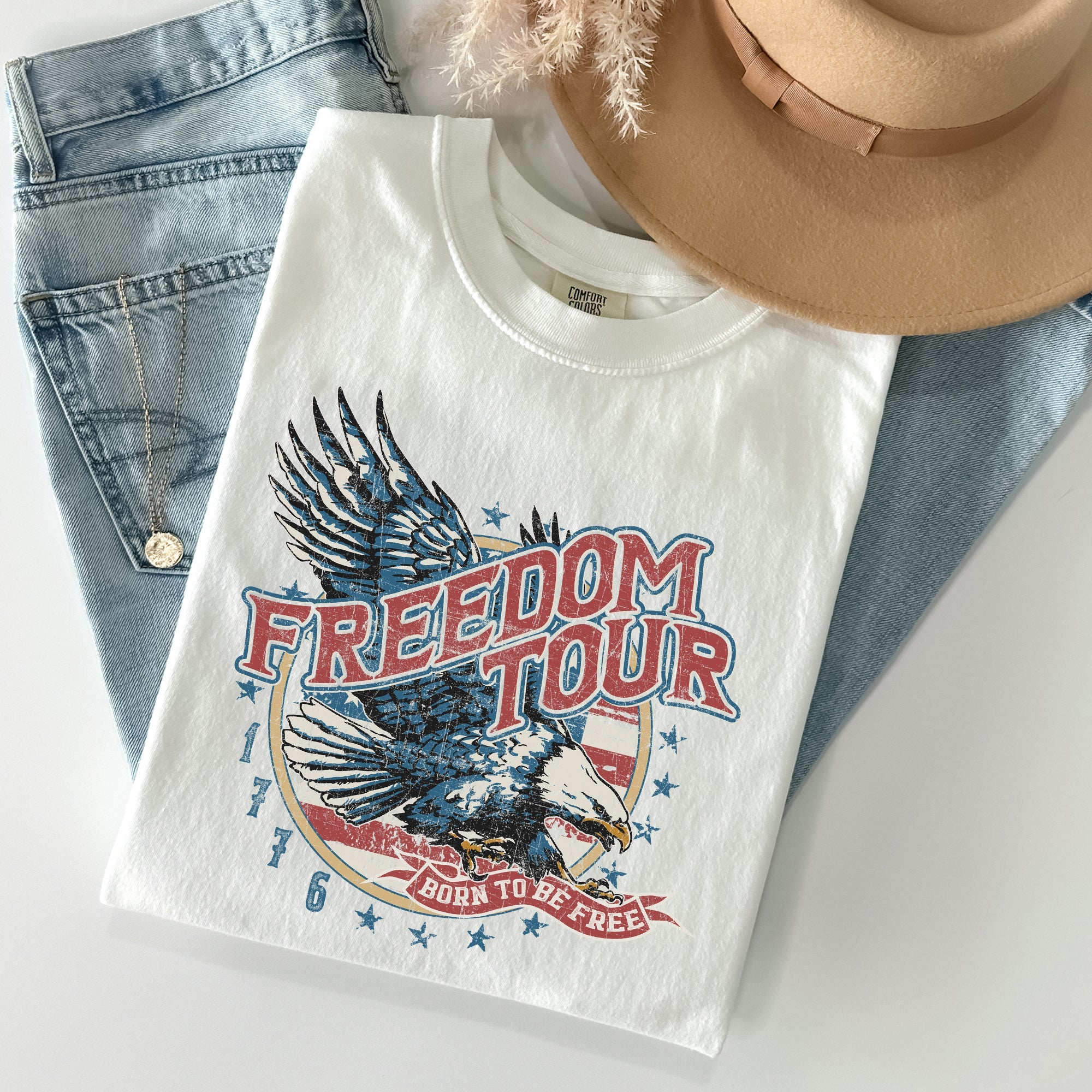 Freedom Tour America 1776 Flag Fighter Jets Emblem Vintage Style Comfort Colors Tee